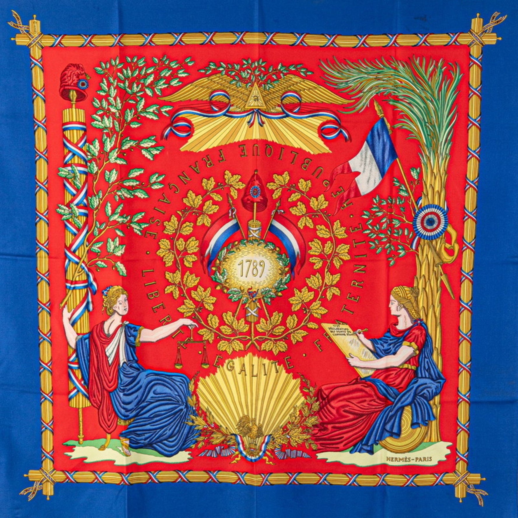 Hermès Carré 90 1789 LIBERTE EGALITE FRATERNITE REPUBLIQUE FRANCAISE Scarf Commemorating the French Revolution, Blue, Red, Multicolor Silk, HERMES