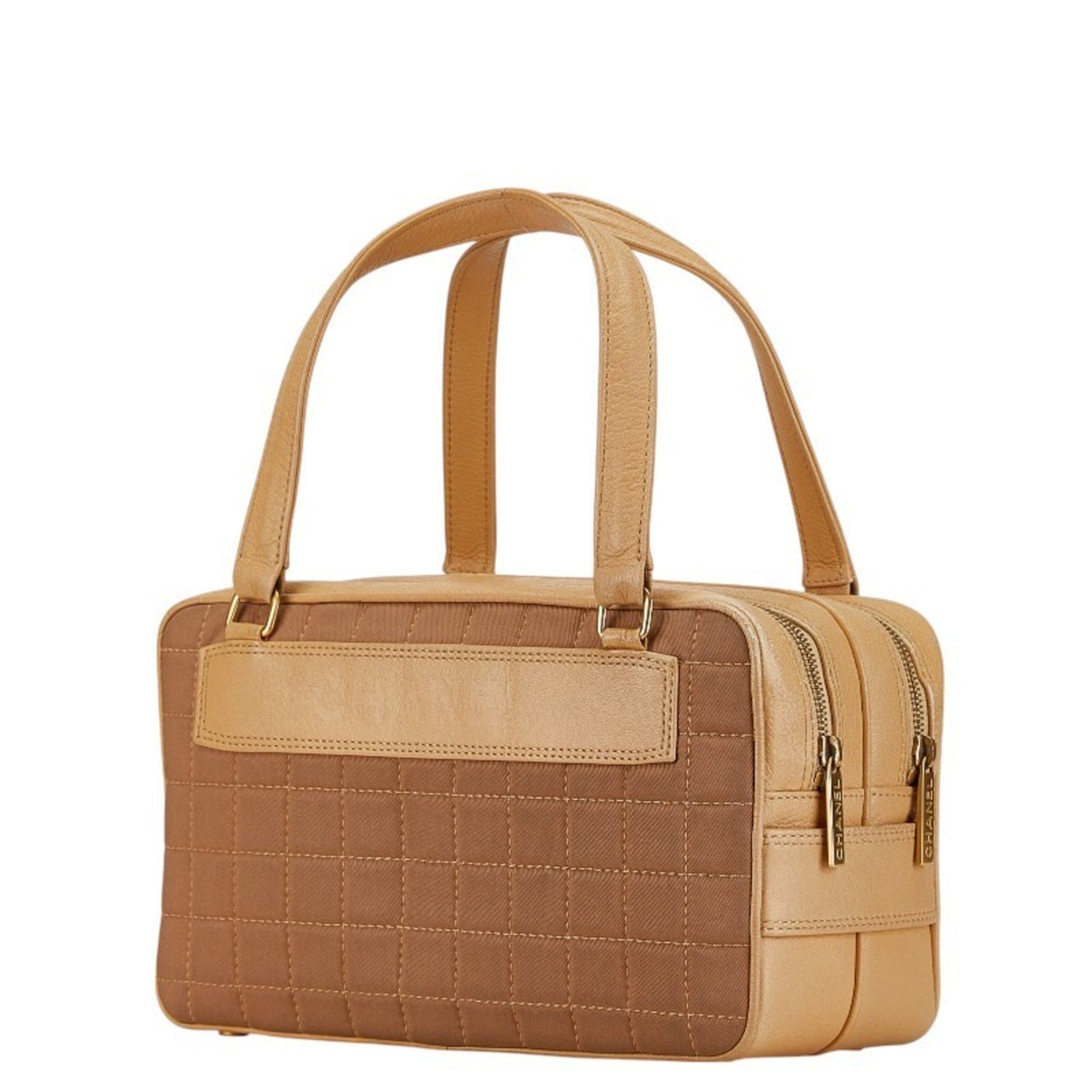 Chanel Chocolate Bar Handbag Beige Brown Canvas Leather