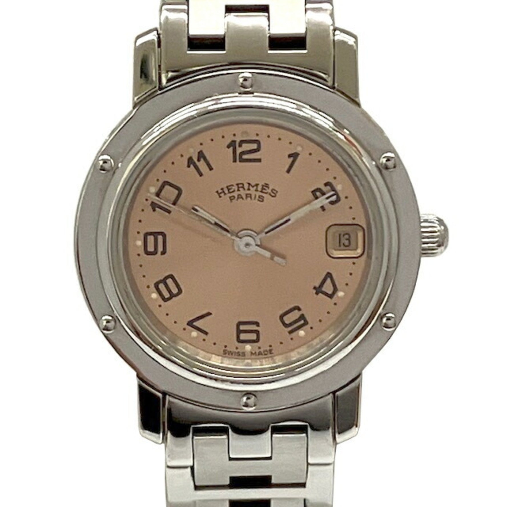HERMES Clipper SS Quartz Pink Dial Stainless Steel Ladies Watch