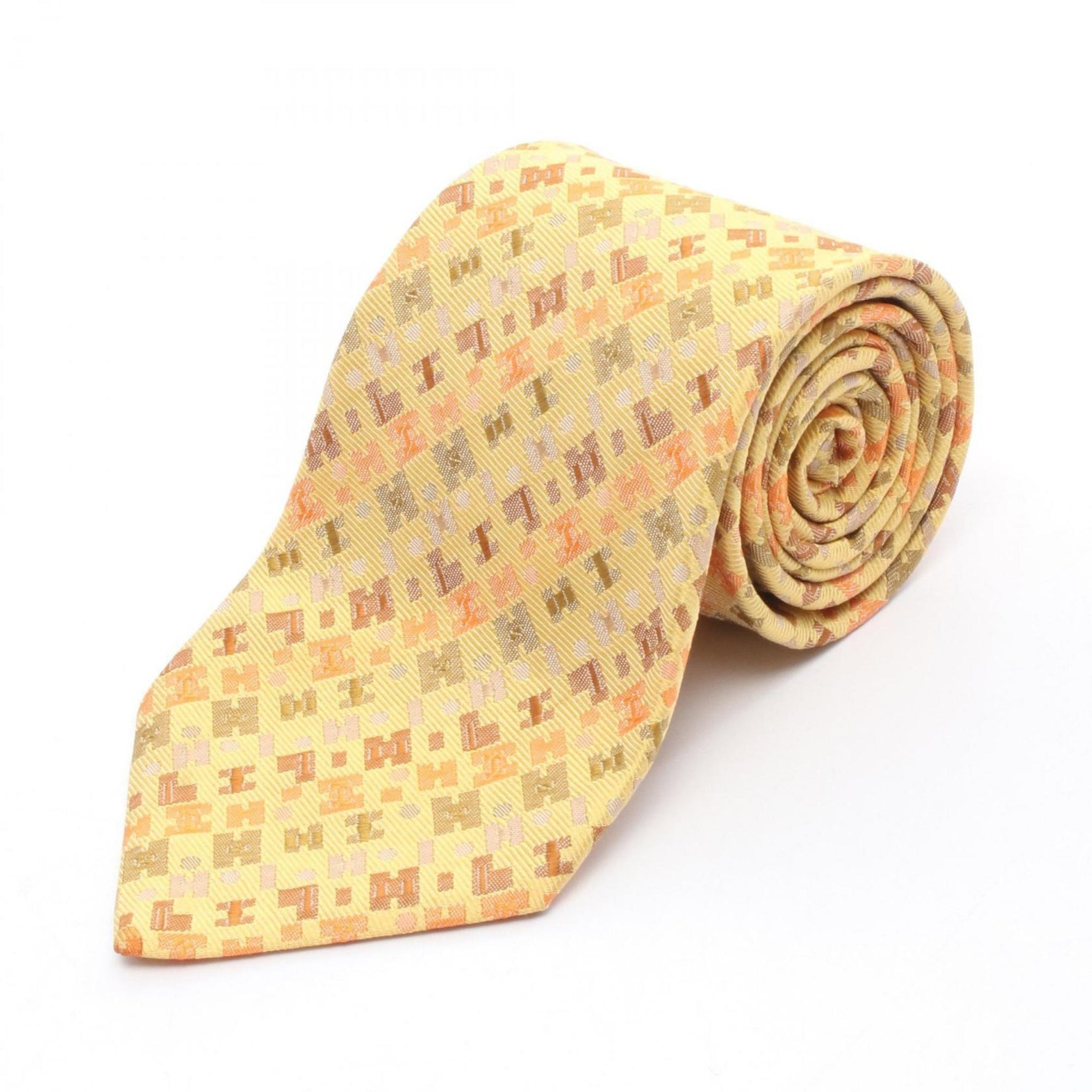 Hermes Hermès silk necktie in yellow, orange, and multicolor.