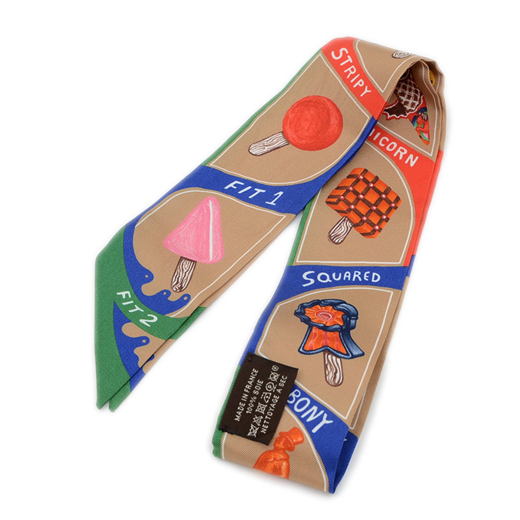 Hermes Hermès Twilly Scarf/Muffler, Funny Ice Cream Silk, Beige Dress, Emeraude, Red, BP