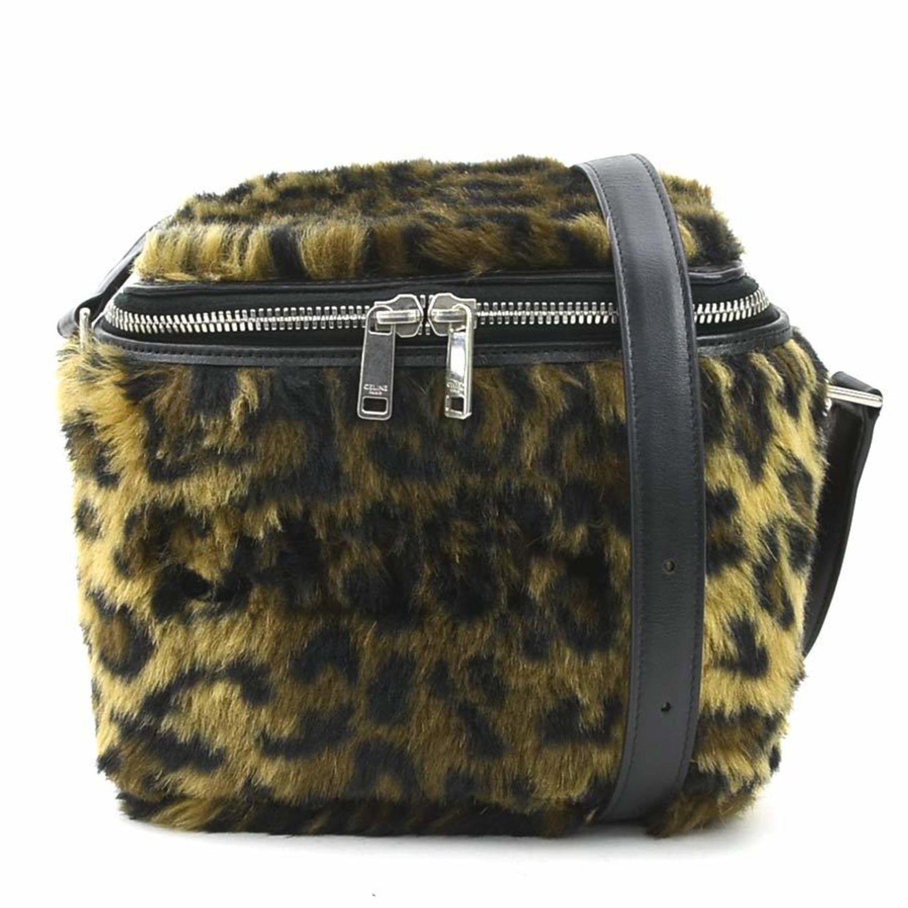 CELINE Shoulder bag Fur Leather Black x Brown