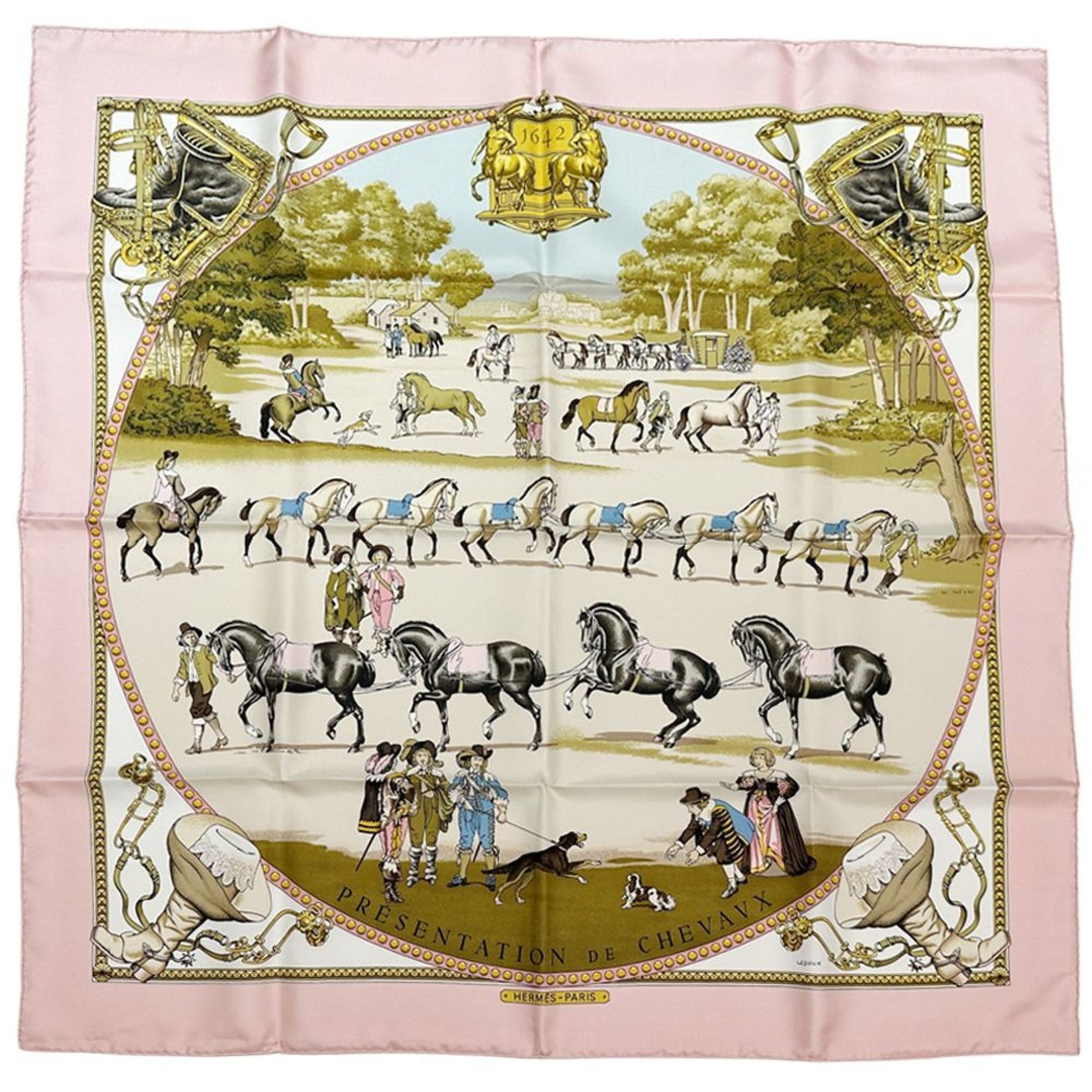 Hermes Scarf Muffler Carre 90 PRESENTATIONAL DE CHEVAUX Horse Presentation Women Men Silk Pink White Animal