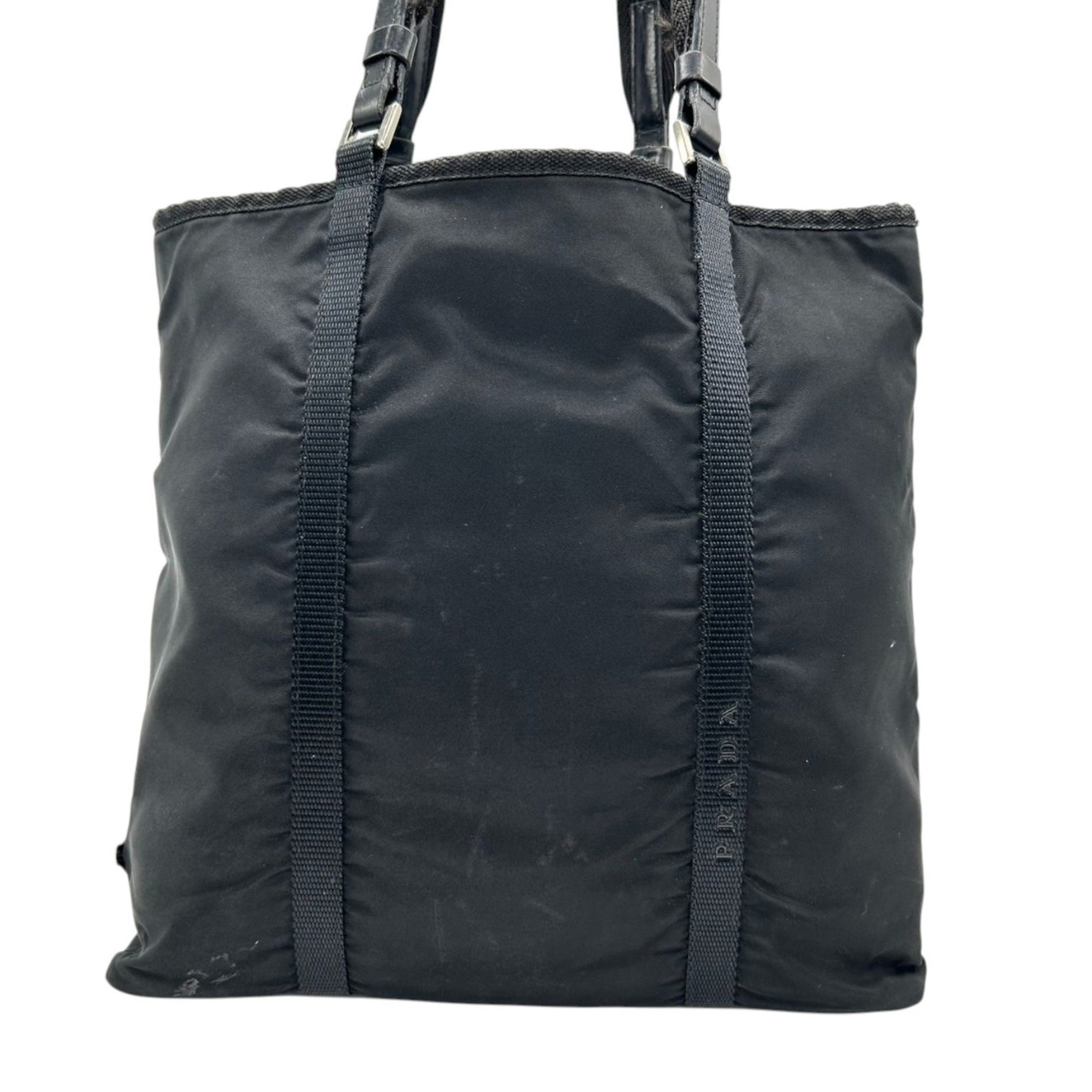 Prada Tote Bag, Black Nylon Tessuto, with Logo, Men's and One-Shoulder Triangle Logo Plate, Size