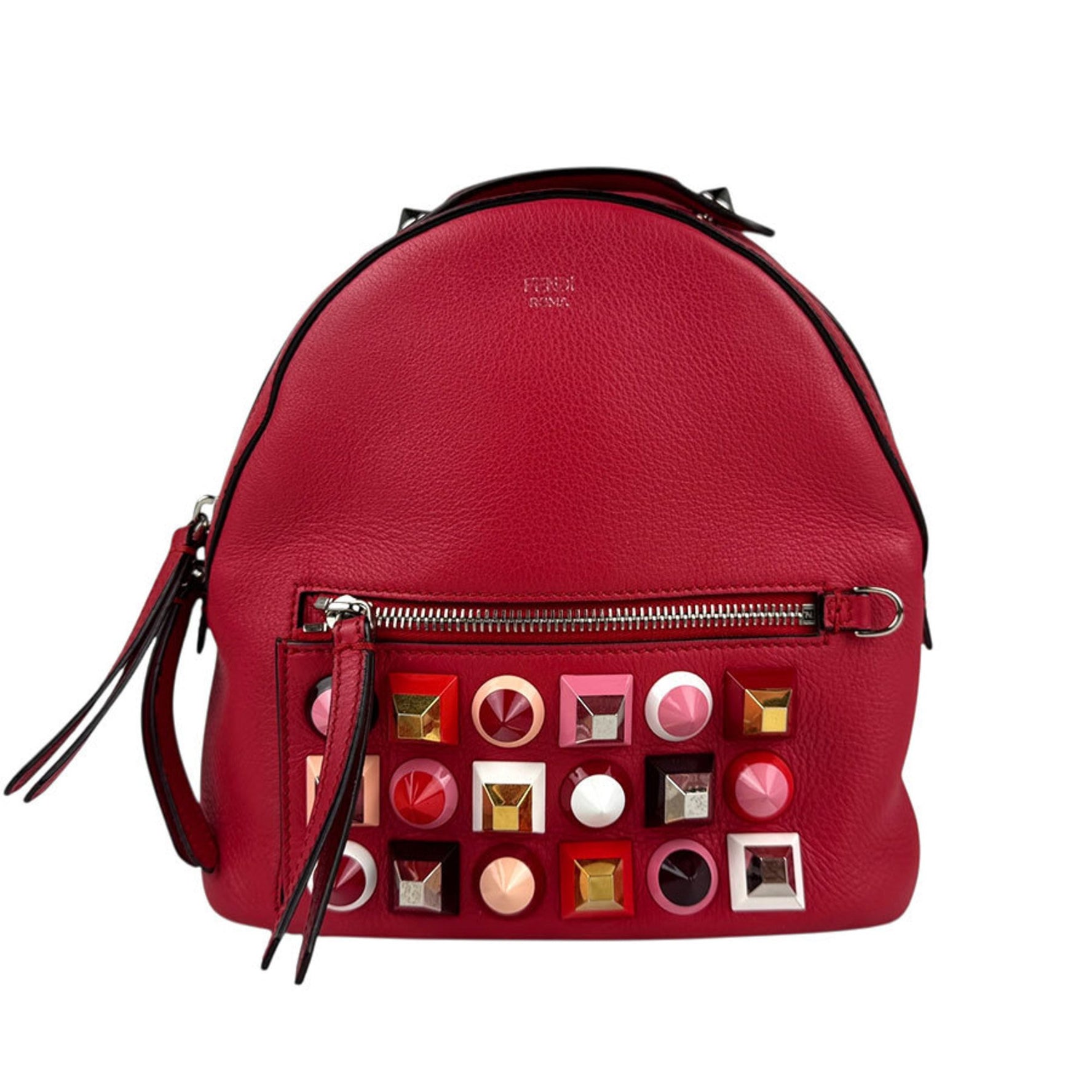 FENDI Backpack Multi-Stud Leather Metal Red Multicolor