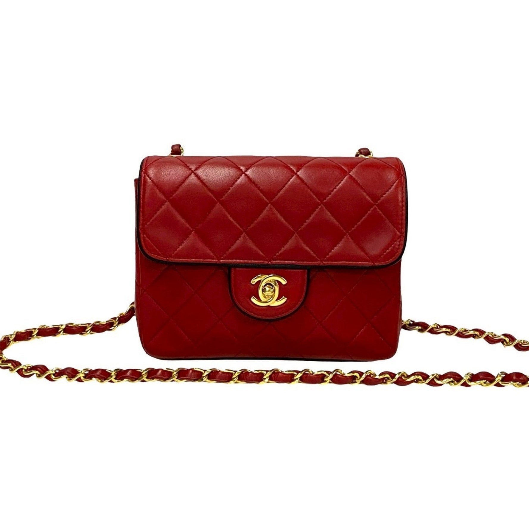 CHANEL Matelasse Coco Lambskin Leather Chain Mini Shoulder Bag, Red, 701-6