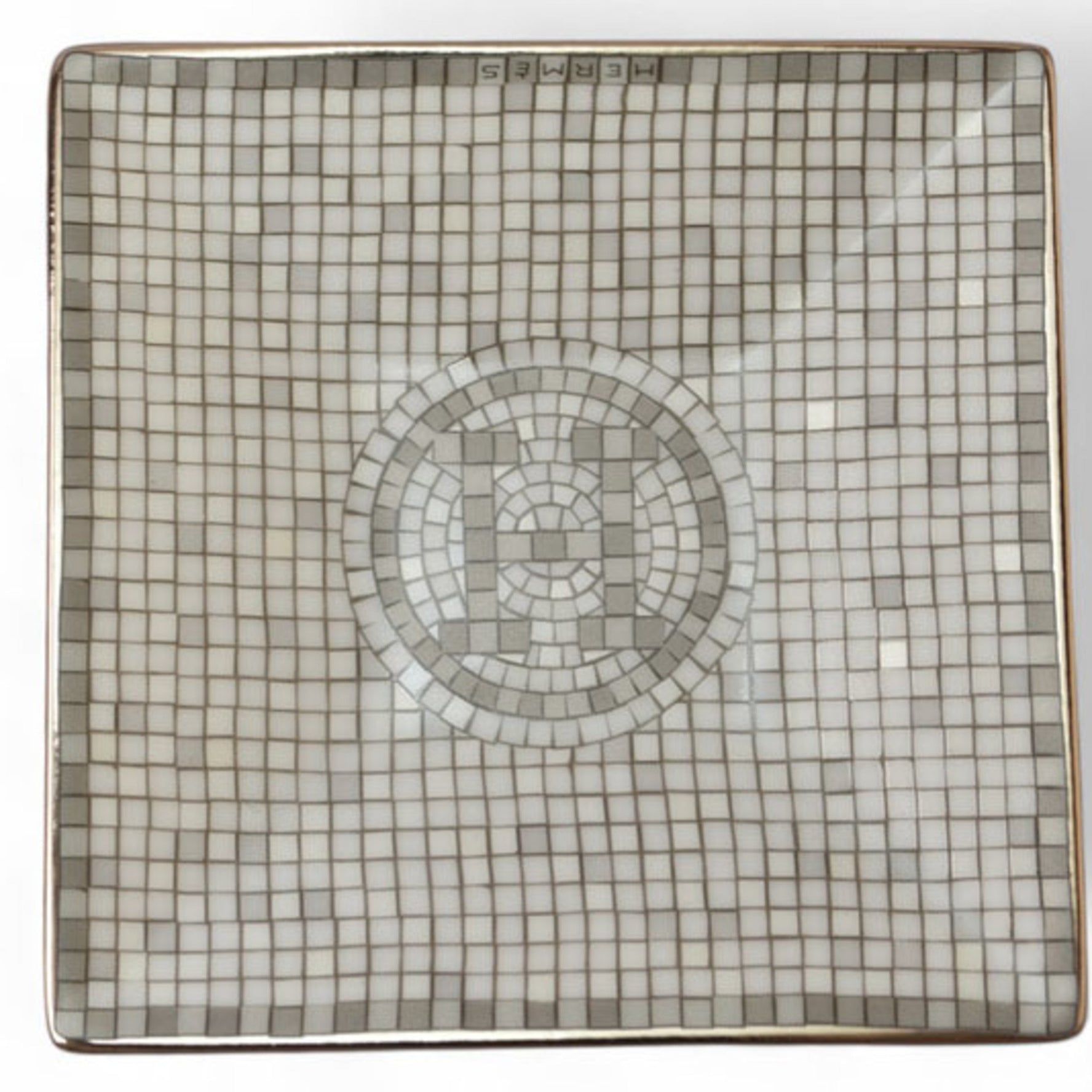 Unused Hermès Mini Plate/Tray, HERMES Mosaic Vin Quatre Platinum Petit Carré Square Plate