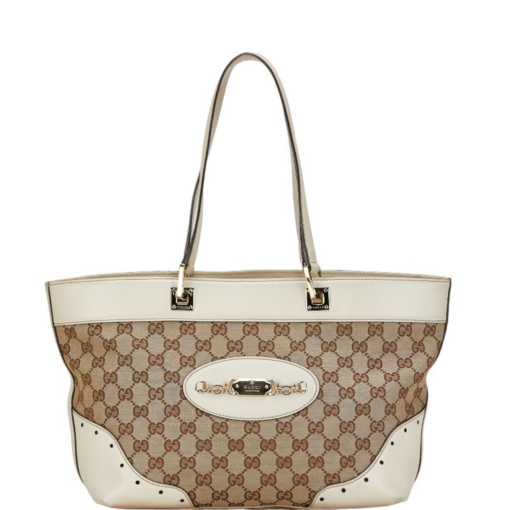 Gucci GG Canvas Handbag Tote Bag Beige White Leather