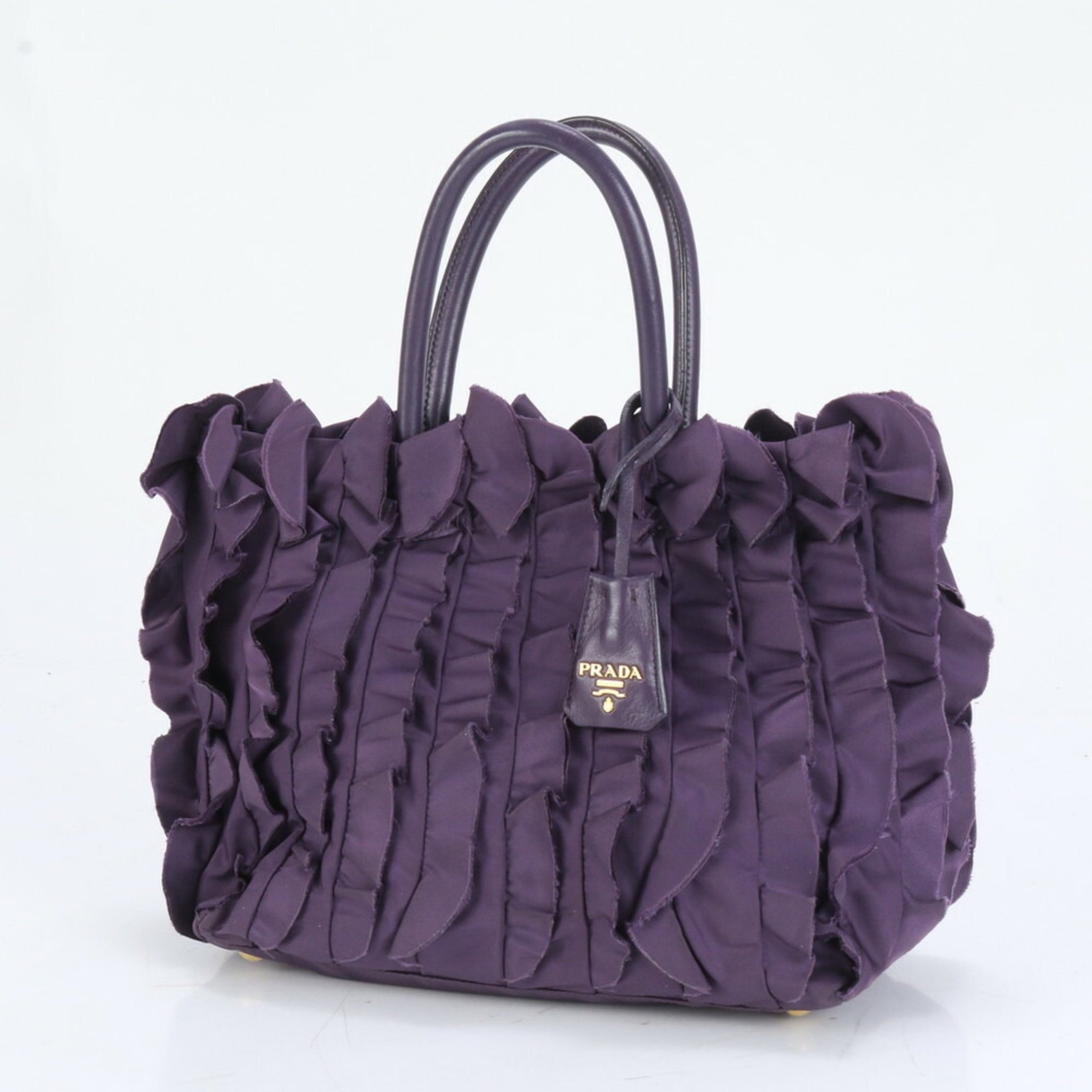 Prada ruffled tulle leather and nylon shoulder bag with gold hardware for women