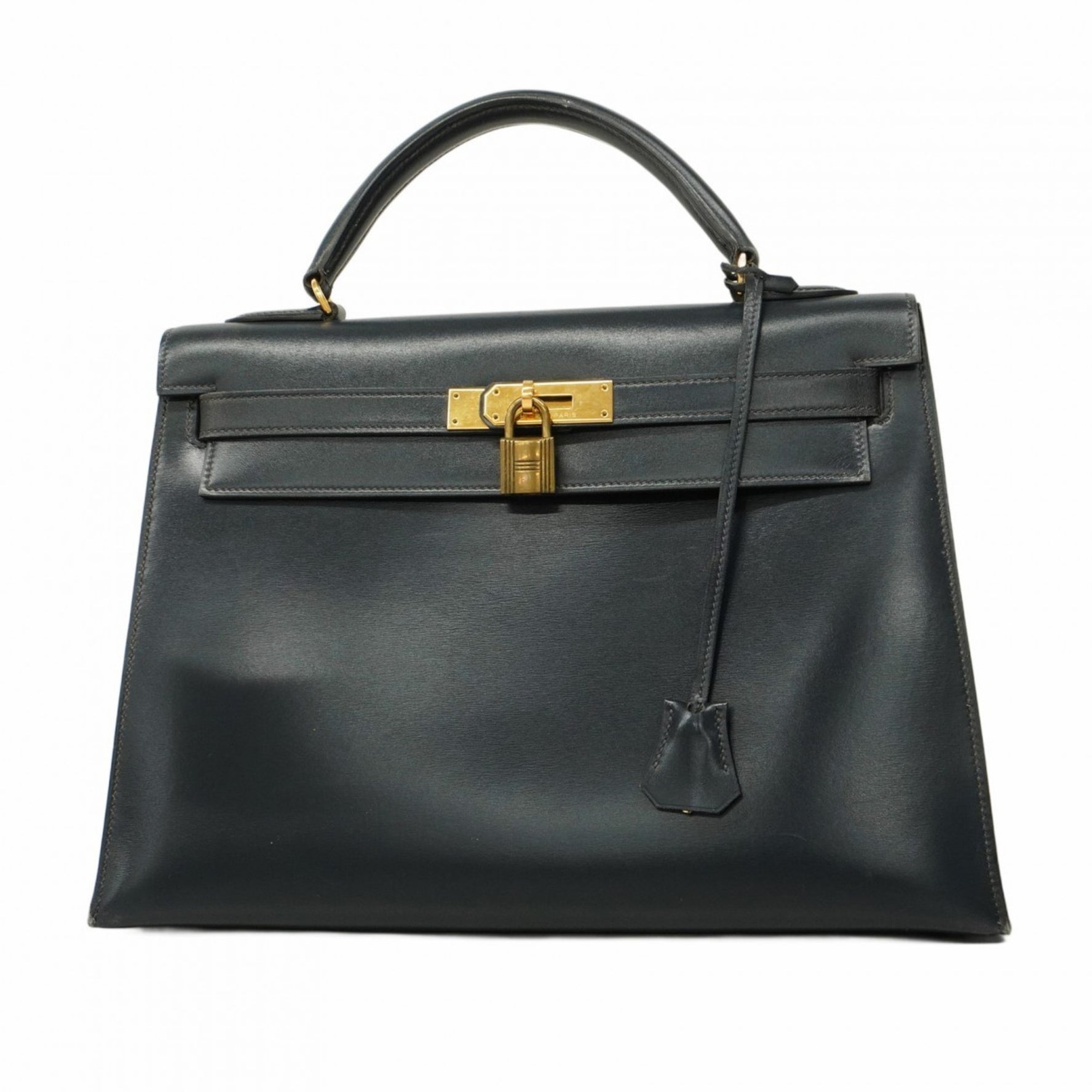 Hermes Hermès Kelly 32 Handbag in Navy Box Calf Leather with "M" Stamp for Women
