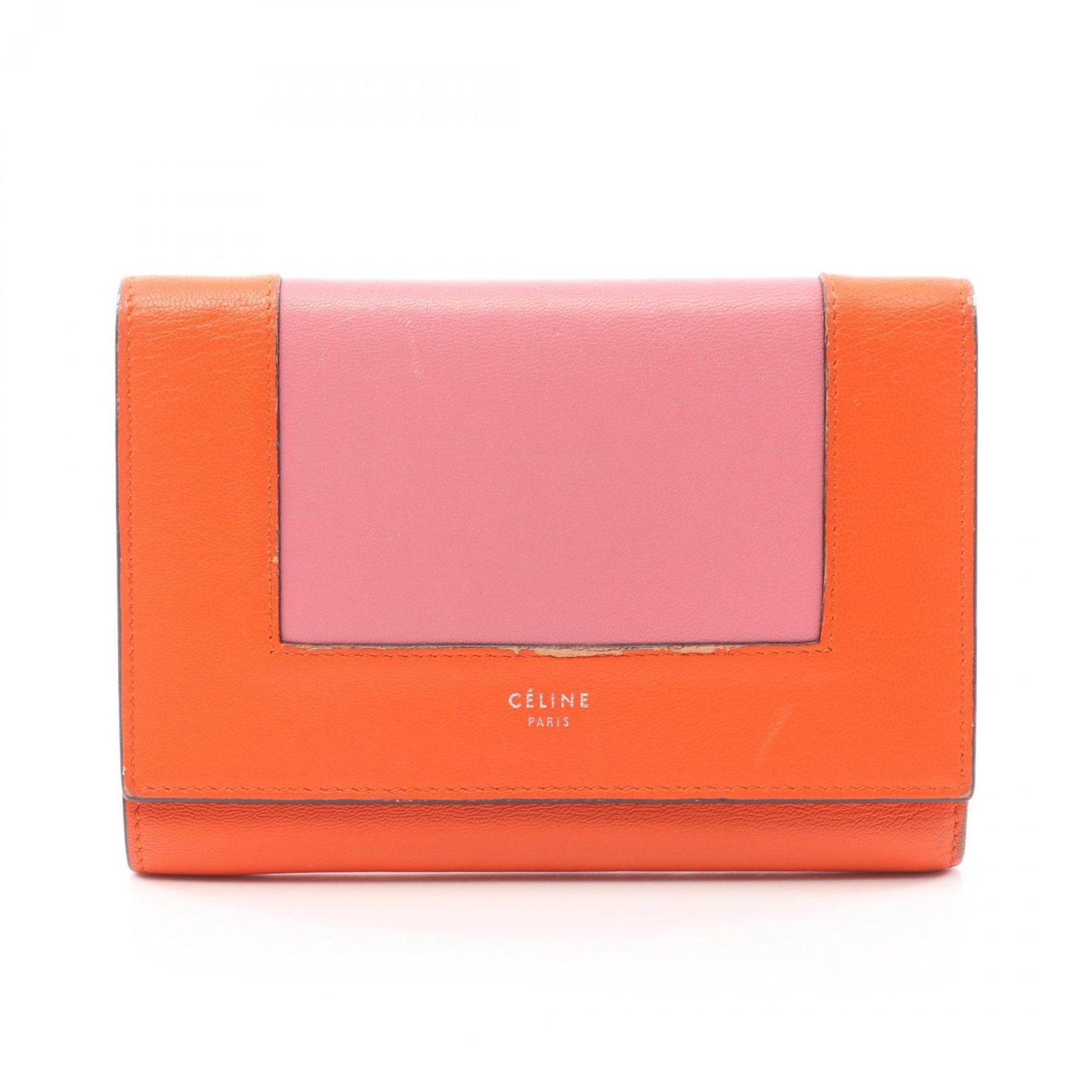 CELINE FRAME Tri-fold Wallet Leather Orange Pink