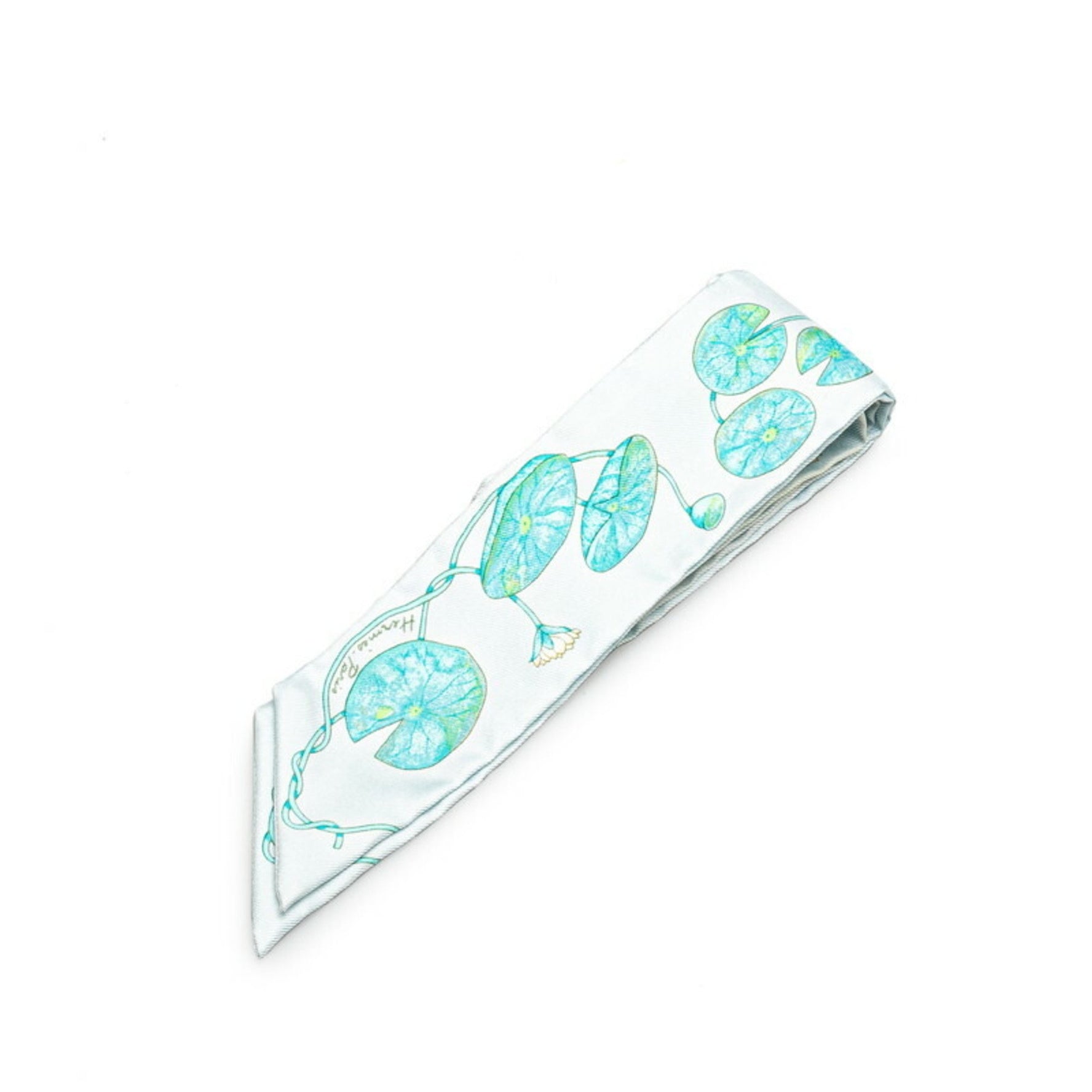 Hermes Twilly Lotus Flower Scarf Muffler Light Blue White Multicolor Silk