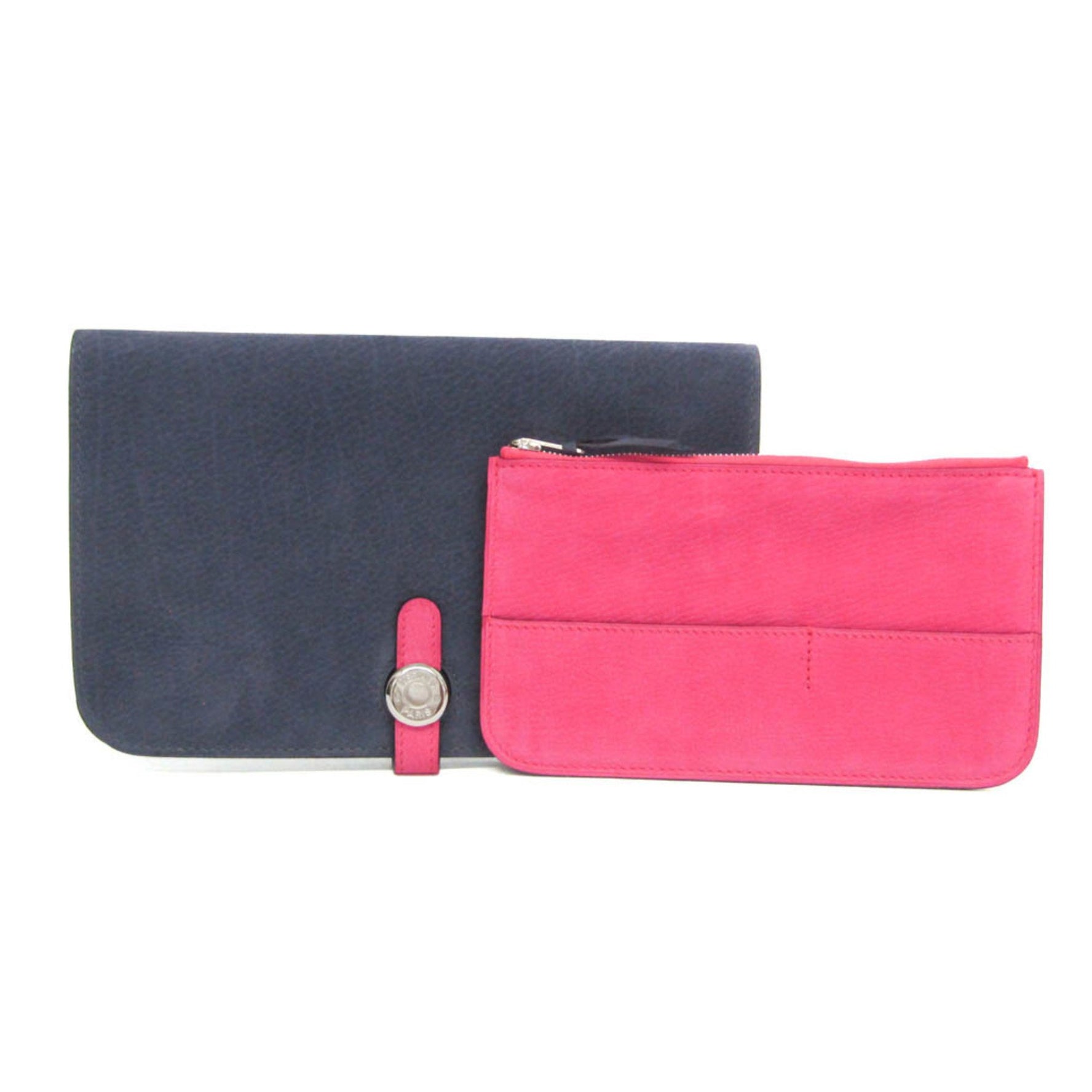 Hermes Dogon GM Men,Women Leather Long Wallet (bi-fold) Navy,Pink