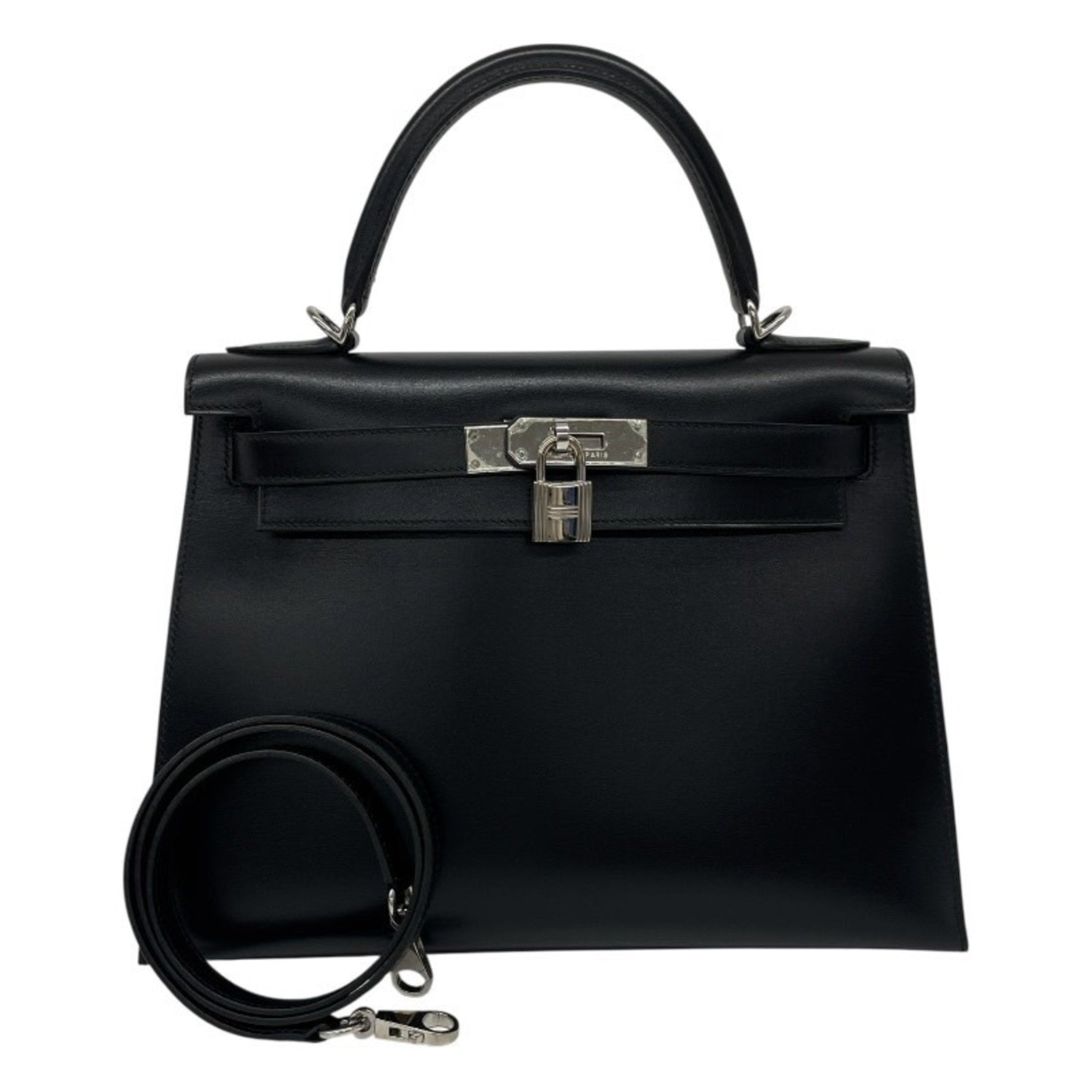 HERMES Kelly 28 Handbag, Box Calf Leather, Silver Hardware, 2001, Made in with E Stamp