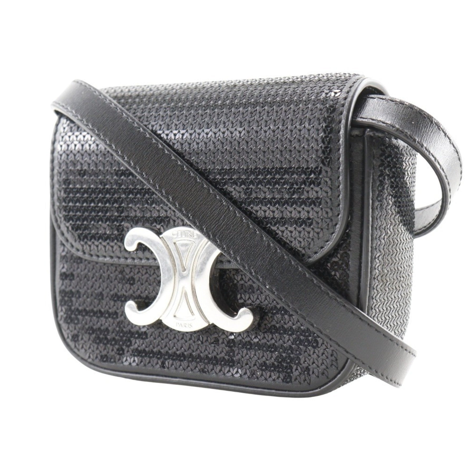 CELINE Mini Triomphe Shoulder Bag Clutch Leather x Sequins Snap Button