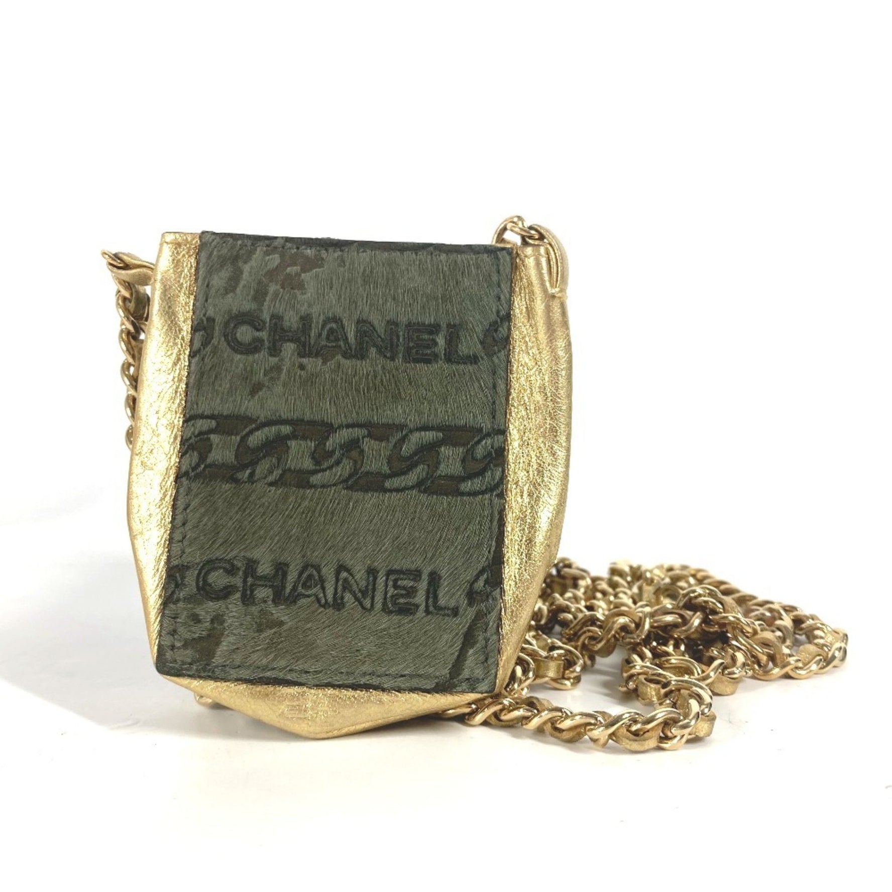 CHANEL Pochette Chain Shoulder Bag Leather Pony Khaki