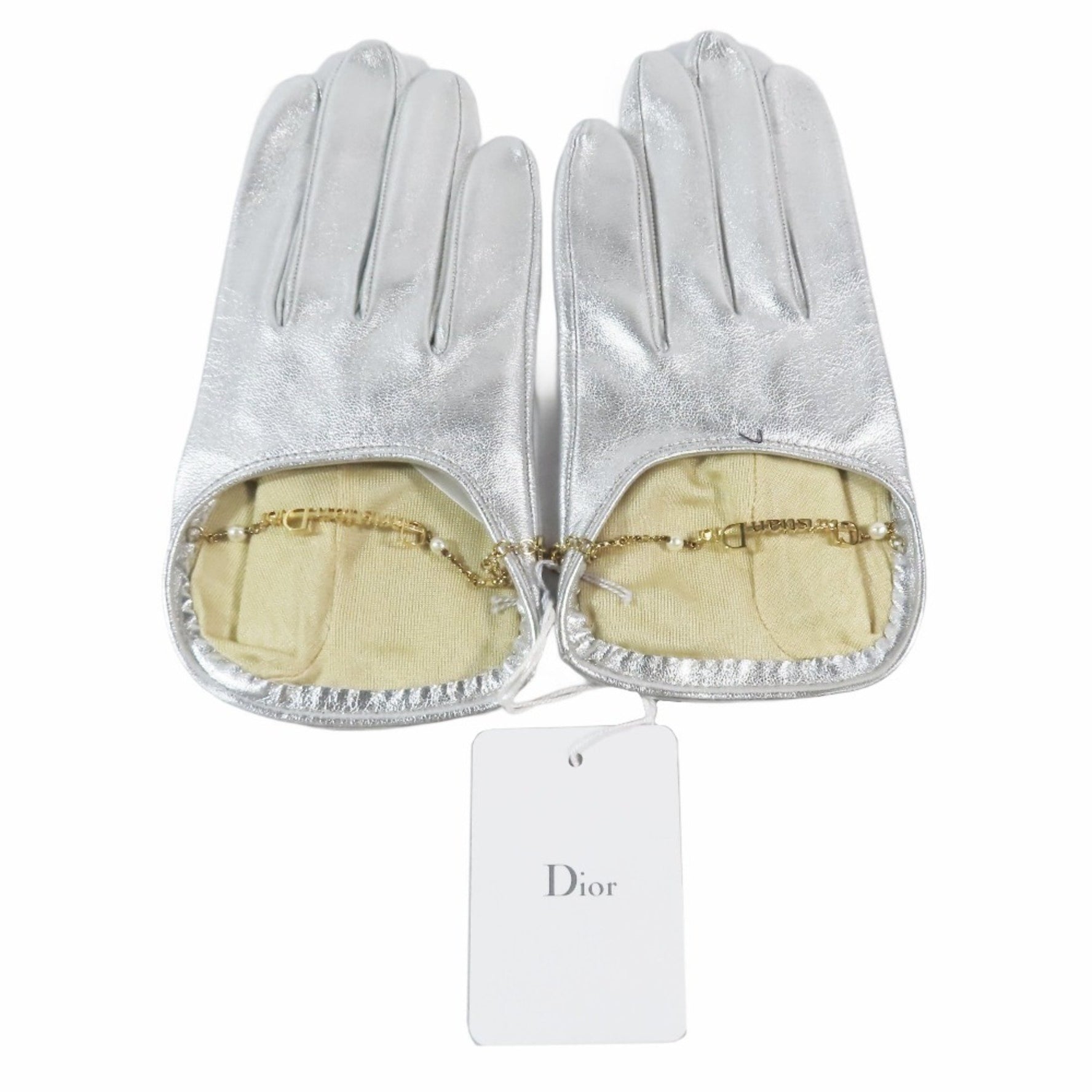 Christian Dior Lamb Leather Gloves with Logo and Pearl Chain Charm, Metallic