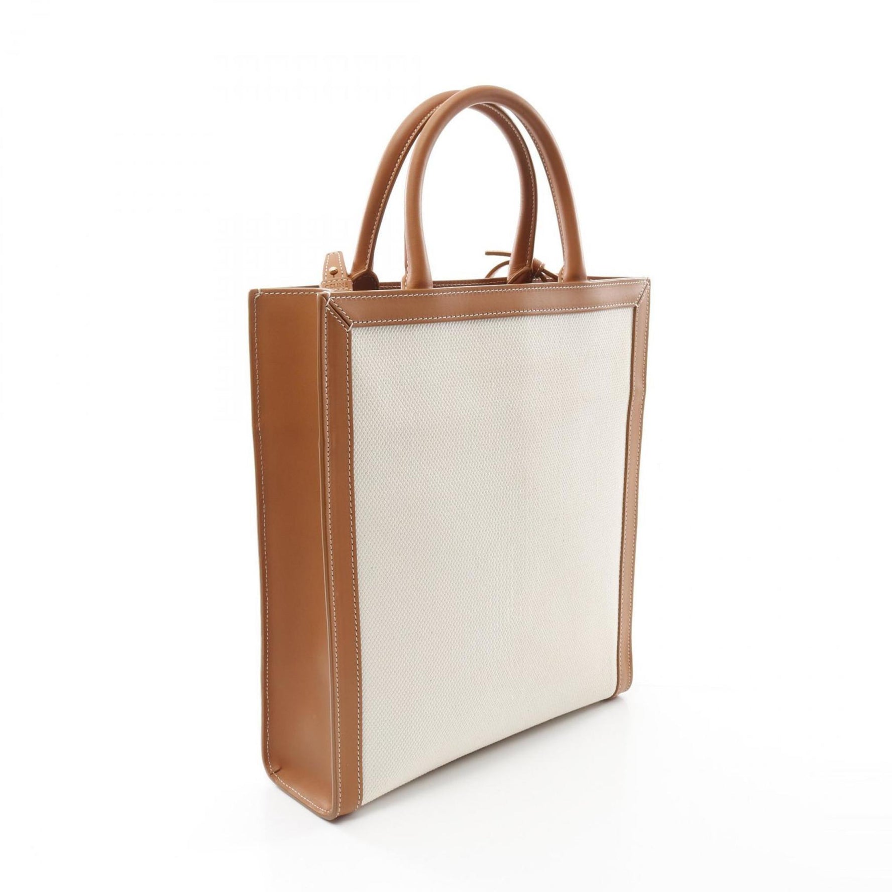 Celine Small Vertical Cabas Tote Bag, Canvas and Leather, White Brown