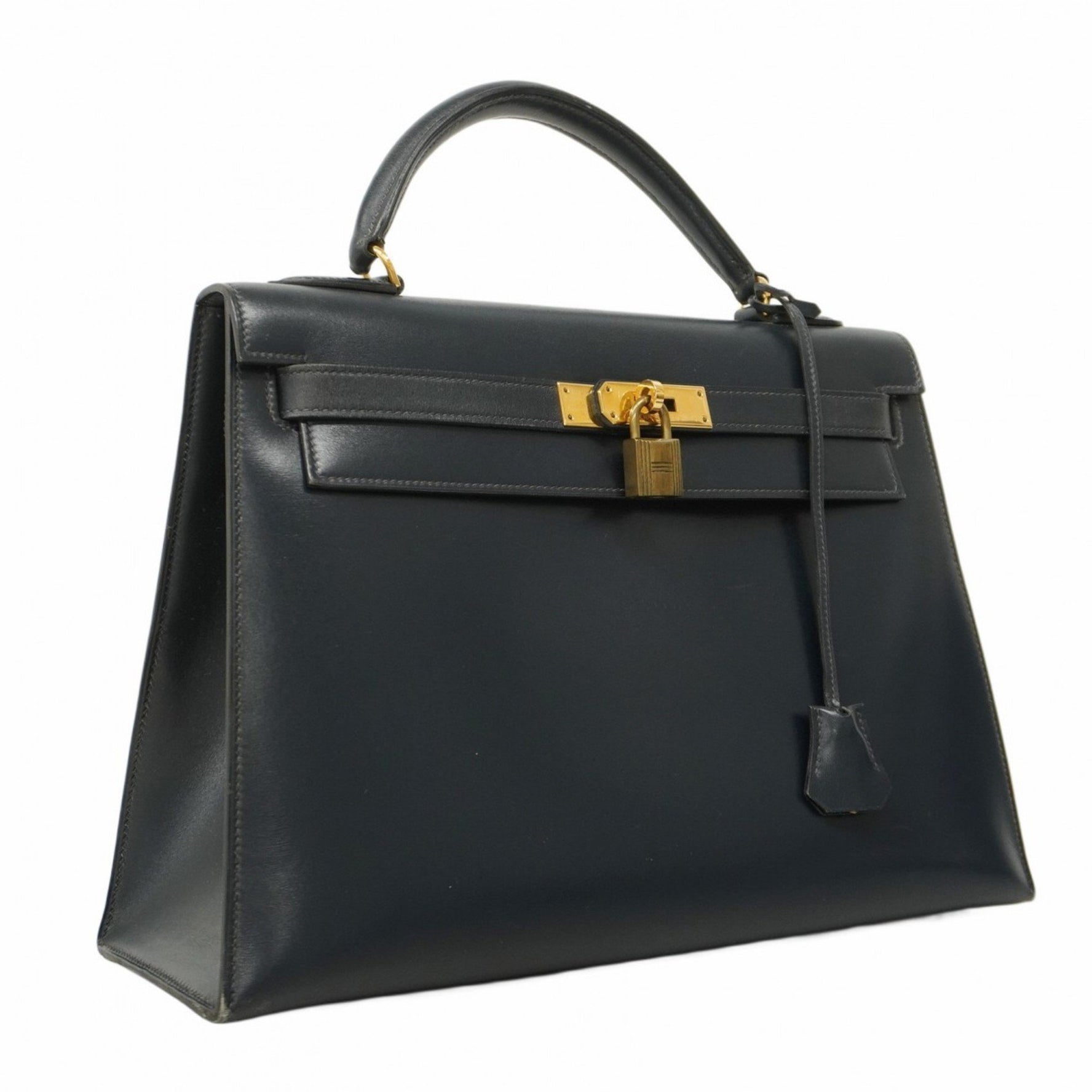 Hermes Hermès Kelly 32 Handbag in Navy Box Calf Leather with "M" Stamp for Women