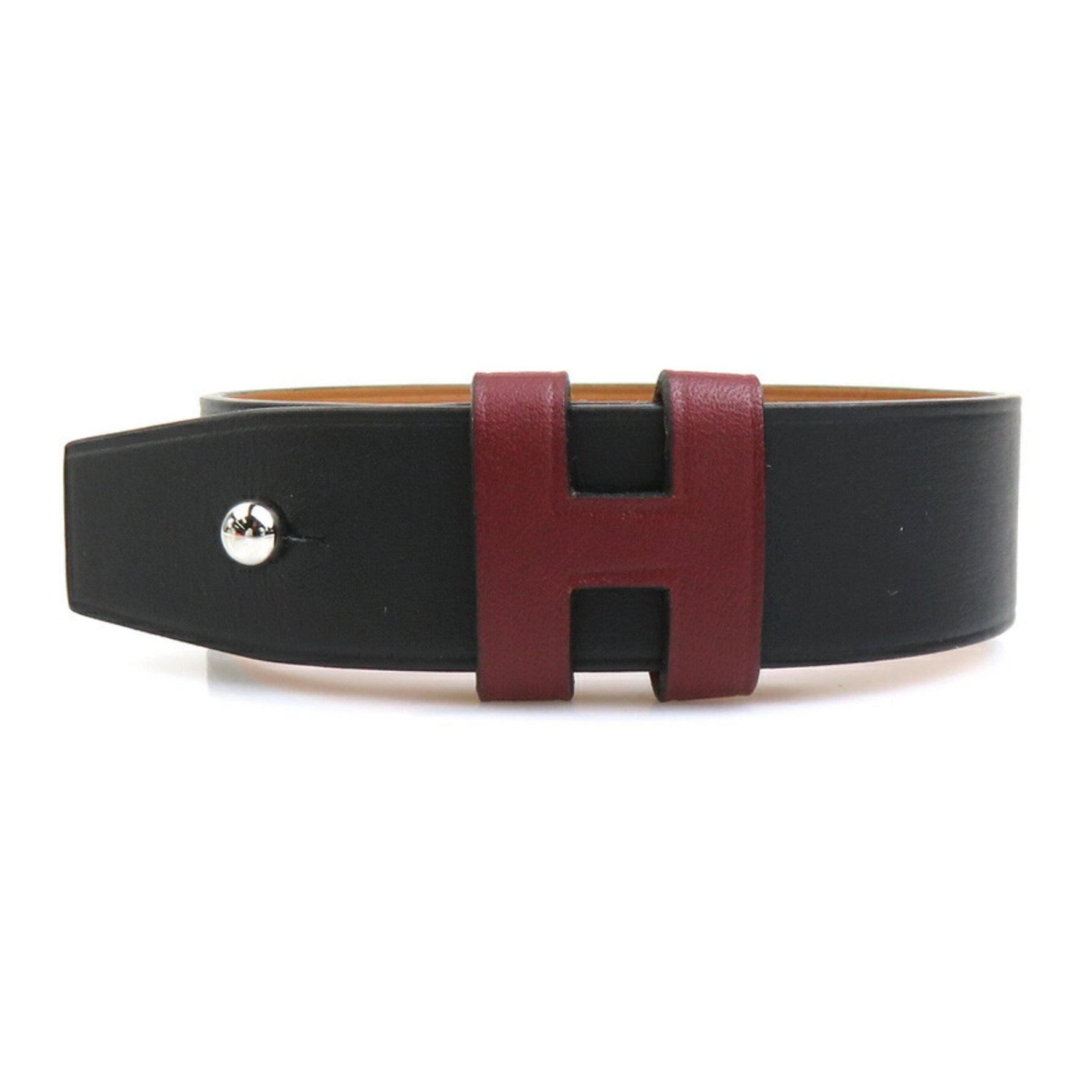 Hermes bracelet leather black burgundy silver men's