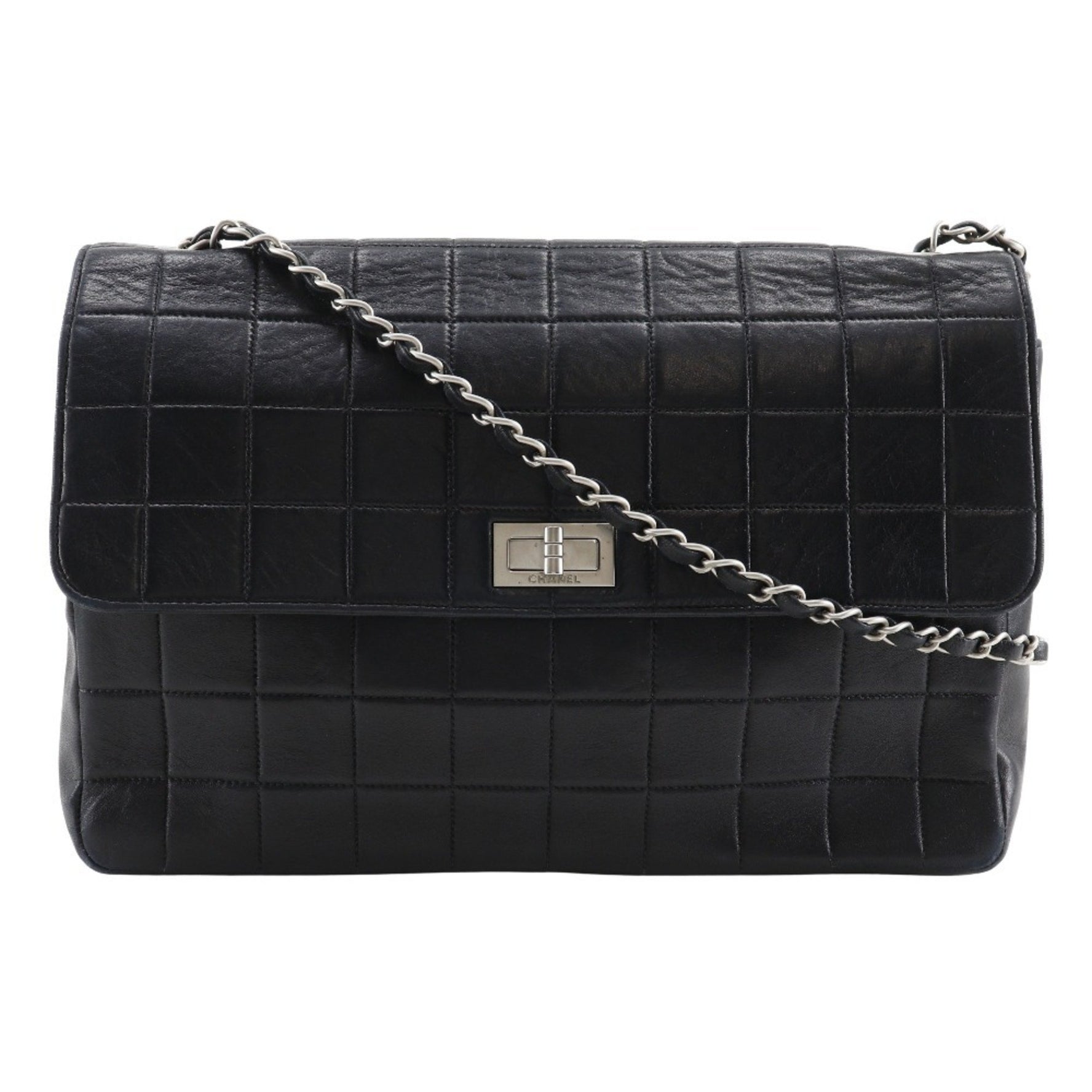 CHANEL 2.55 Chocolate Bar Shoulder Bag, Black Lambskin, Size, with Turn Lock, Chain