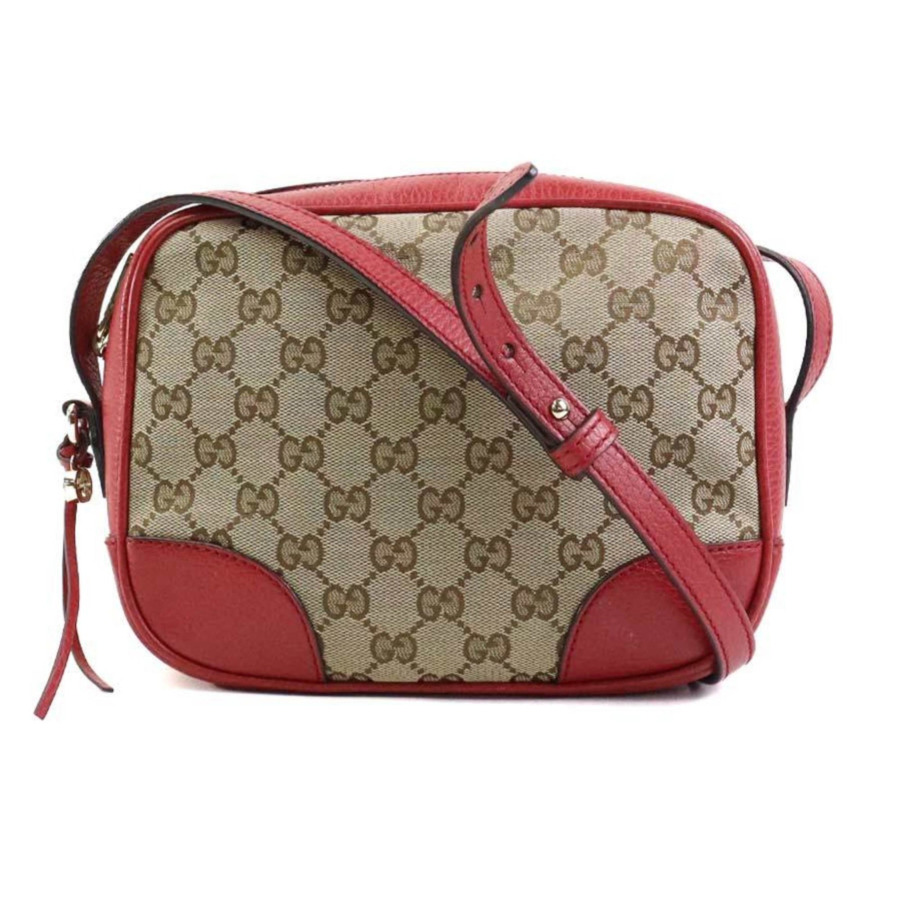 GUCCI Shoulder Bag GG Canvas Leather Beige Brown Red