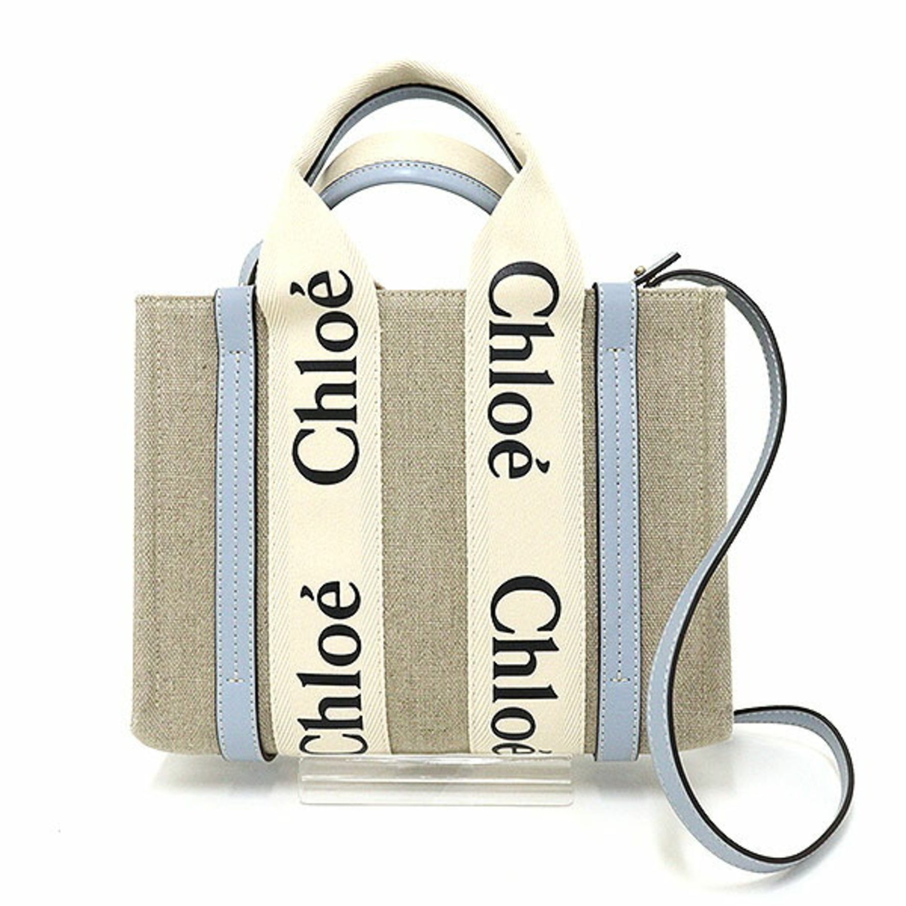 Chloé Chloe WOODY Small Tote Bag White/Blue Linen Canvas/Calf