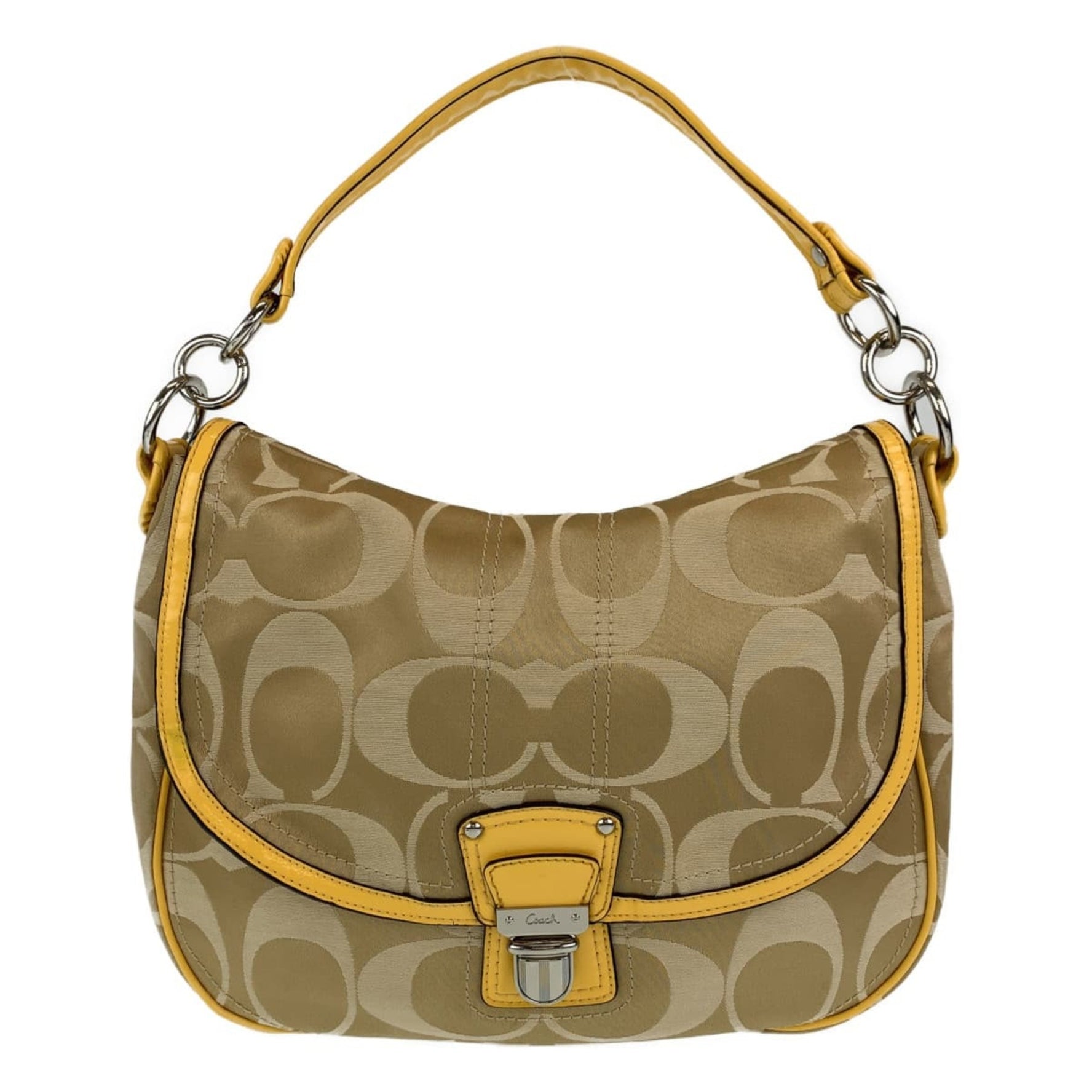 COACH Signature Brown Beige Canvas Patent Leather Hobo Shoulder Bag Handbag