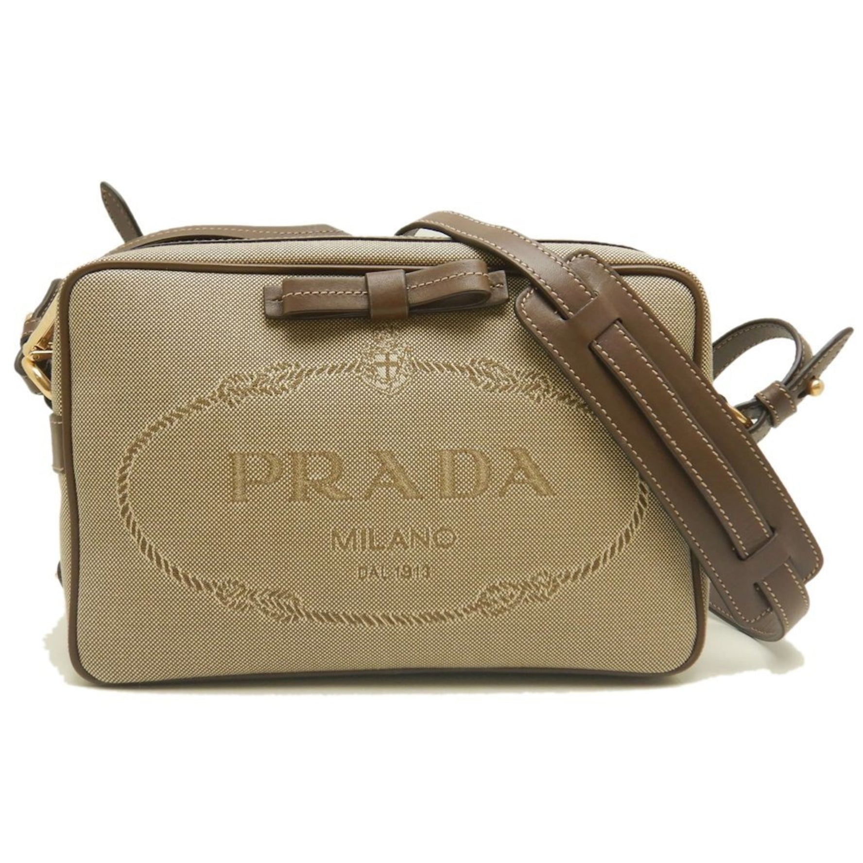 PRADA Shoulder Bag Jacquard x Leather Beige Brown