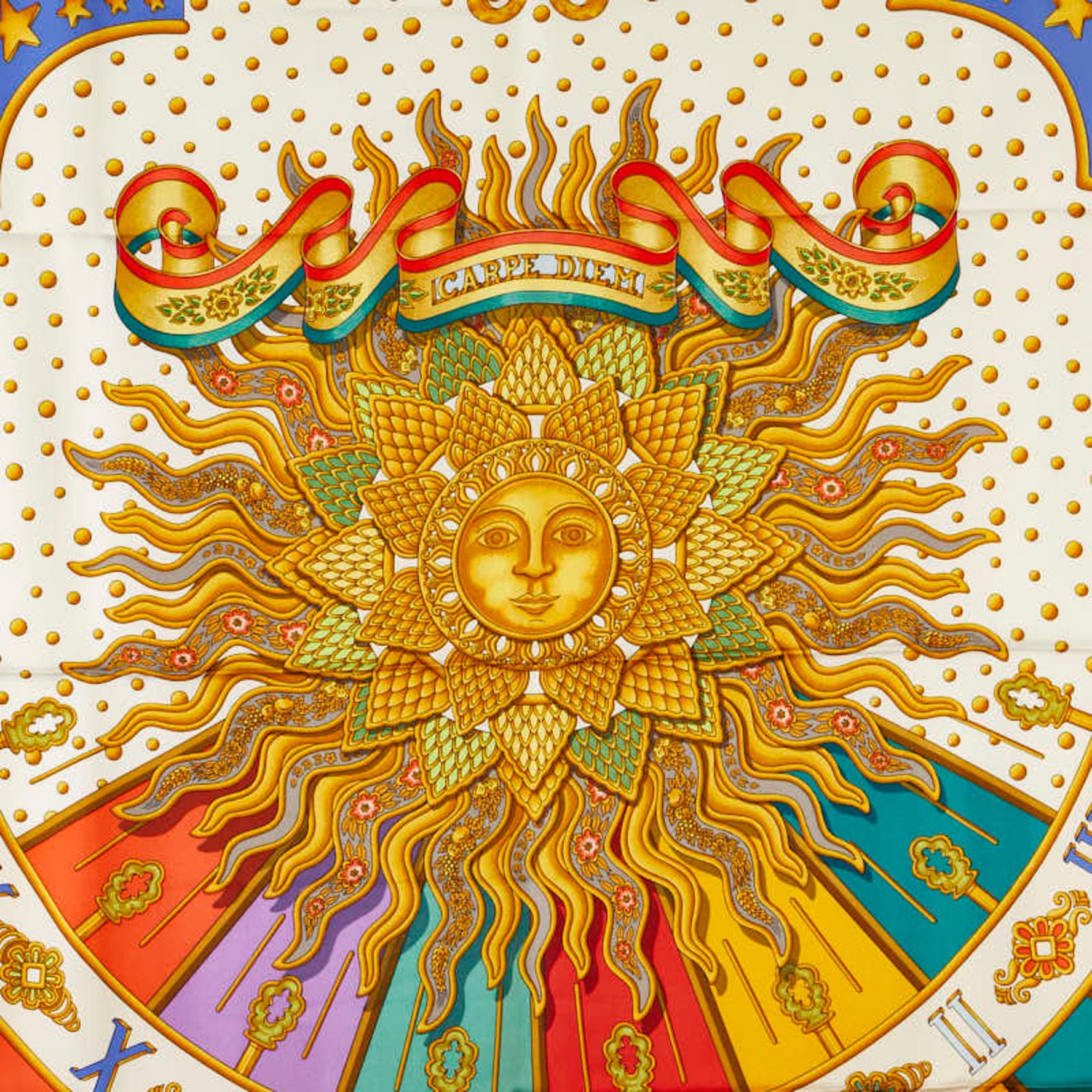 Hermes Carre 90 CARPE DIEM Enjoy Today Sun Moon Stars Scarf Muffler White Multicolor Silk