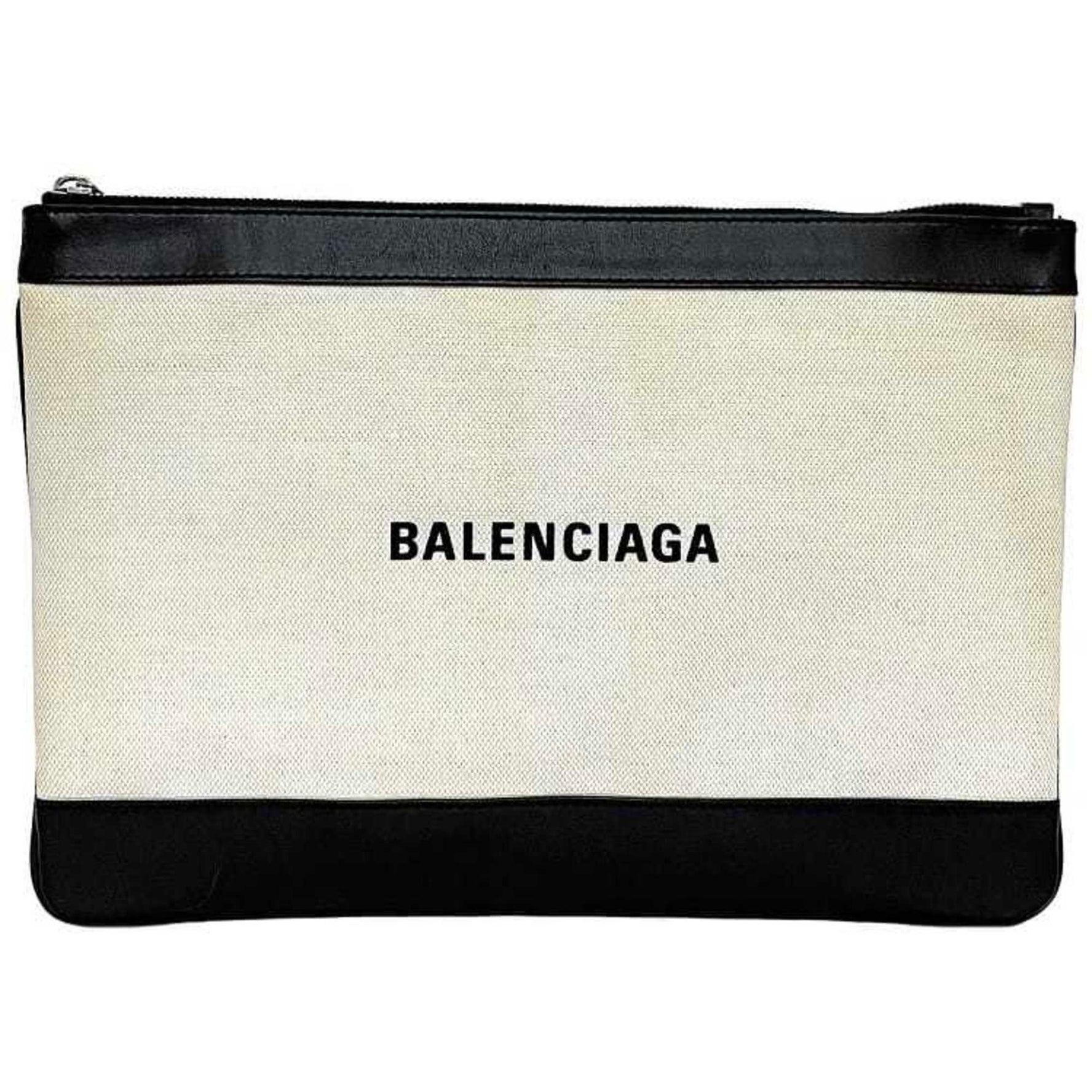 Balenciaga Clutch Bag Navy Clip Beige Black Handbag Canvas Leather Men's