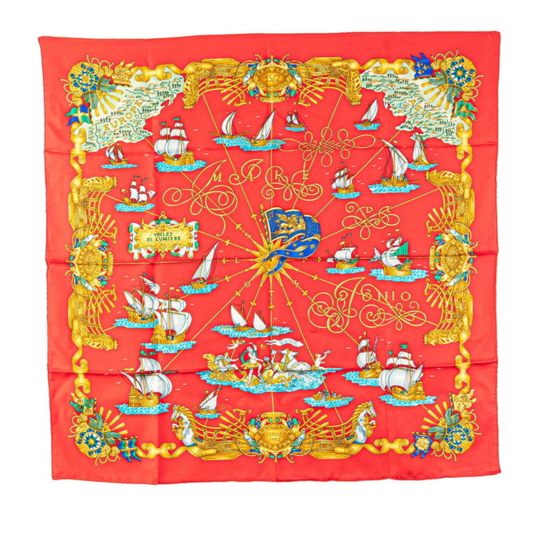 Hermes Hermès Carré 90 "Voiles de Lumière" Scarf, Red, Gold, and Multicolor Silk