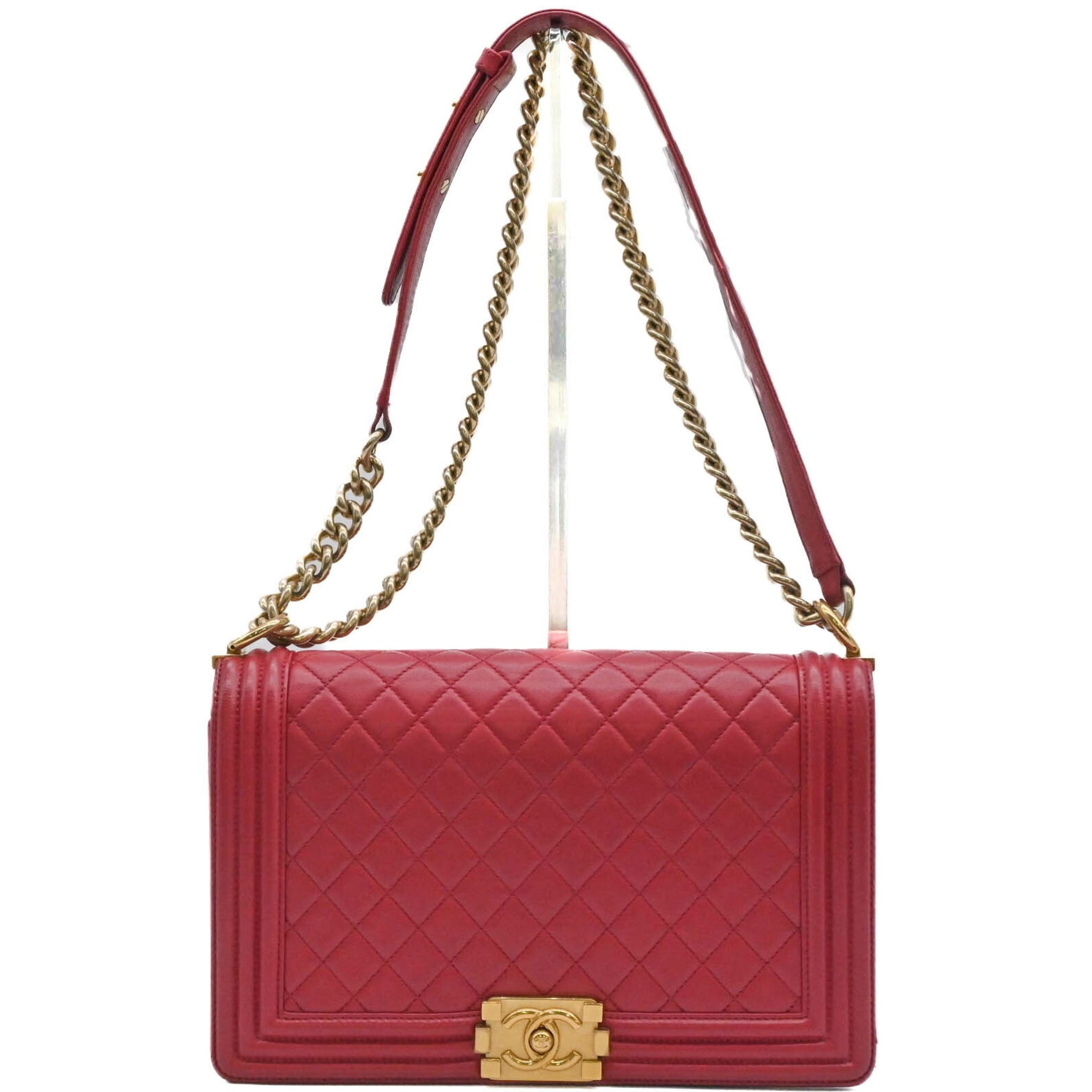 CHANEL Boy Matelasse Lambskin Leather Chain Shoulder Bag with Metal Fittings and Seal Red