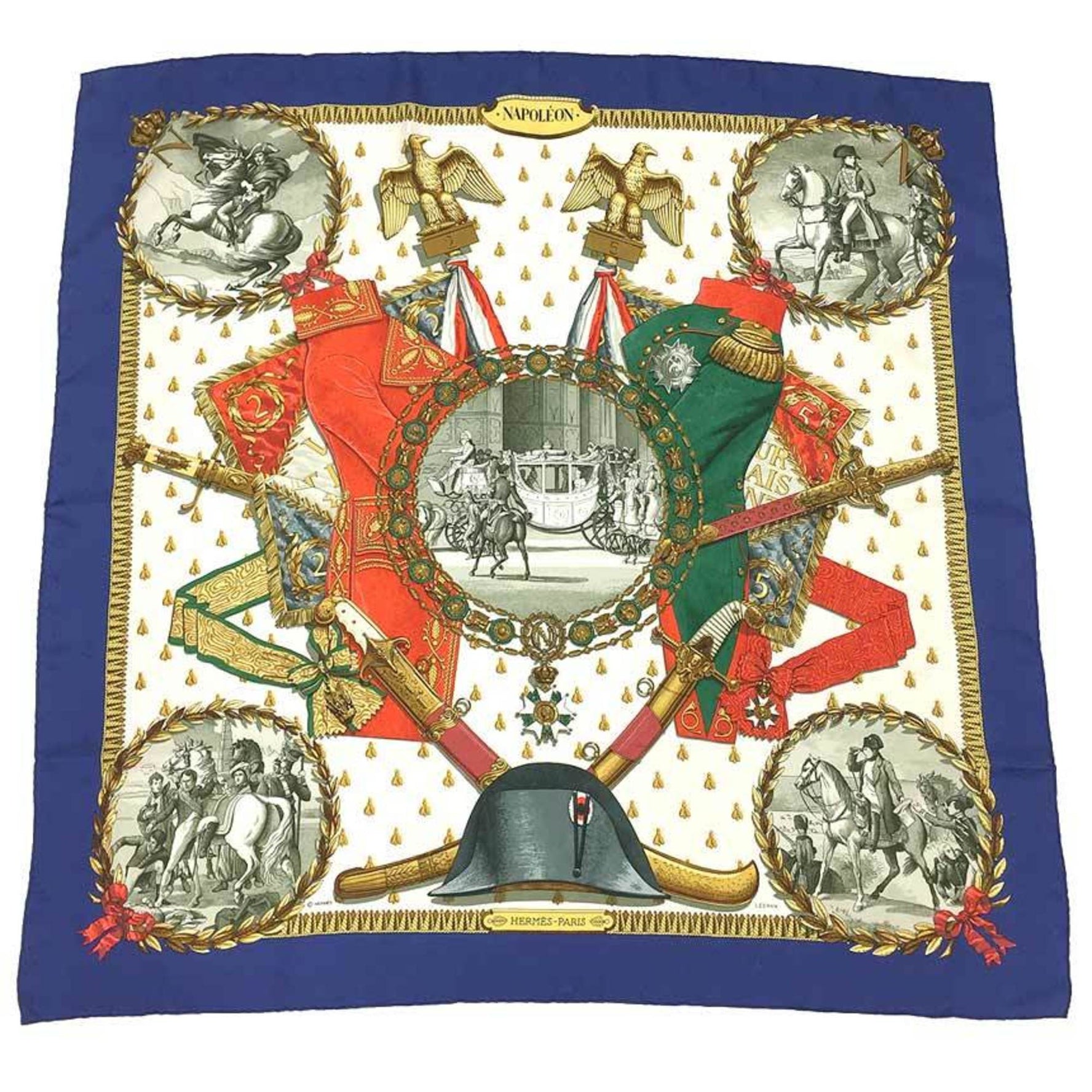 HERMES Carre 90 Scarf Muffler NAPOLEON Napoleon Bee Embroidery 100% Silk Blue x White