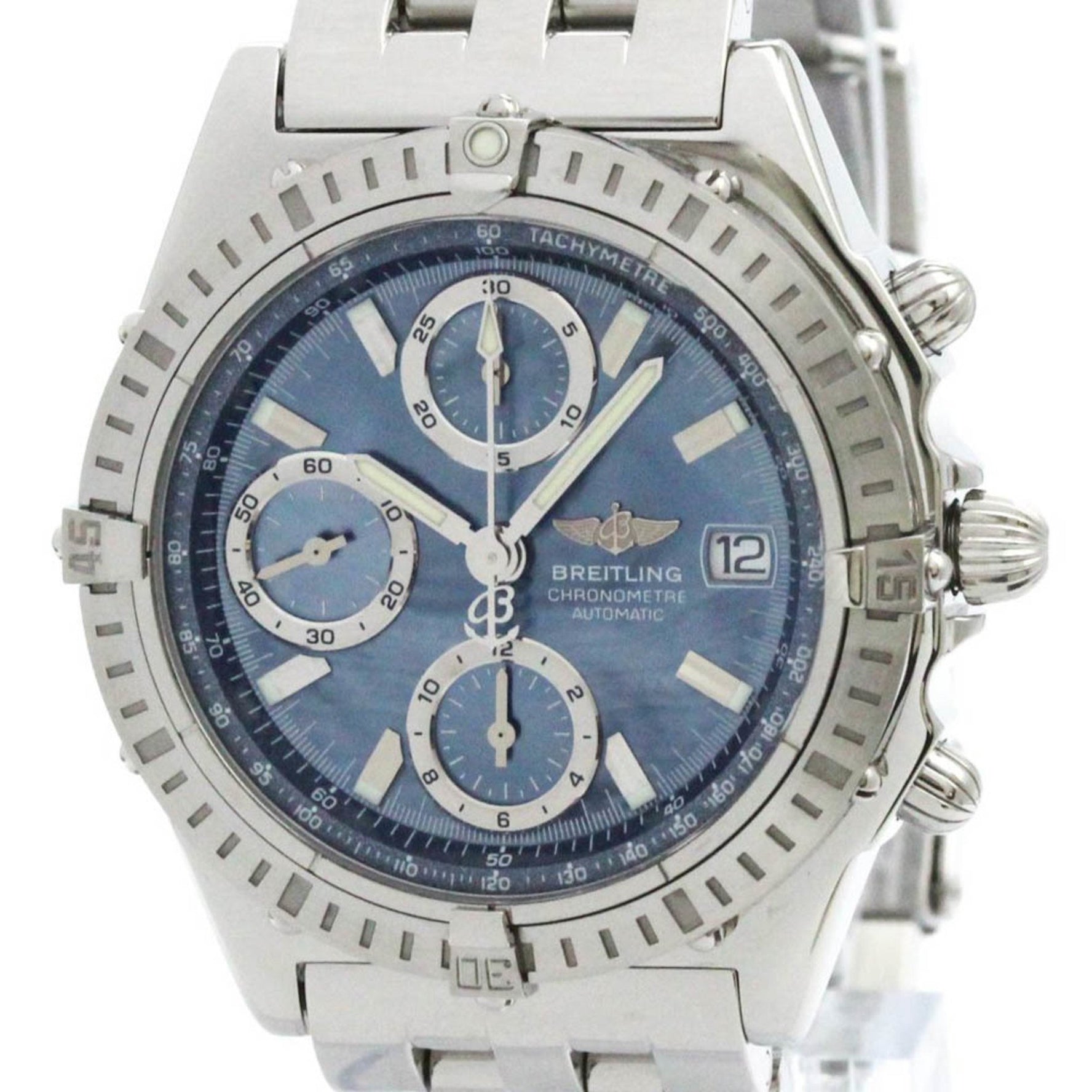 Polished BREITLING Chronomat Blue MOP Dial Steel Automatic Watch A13352 BF581996