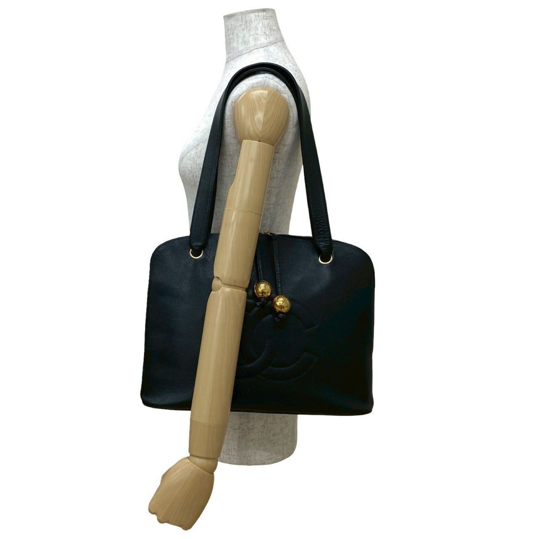 CHANEL Vintage Coco Mark Caviar Leather Semi-Shoulder Bag Tote