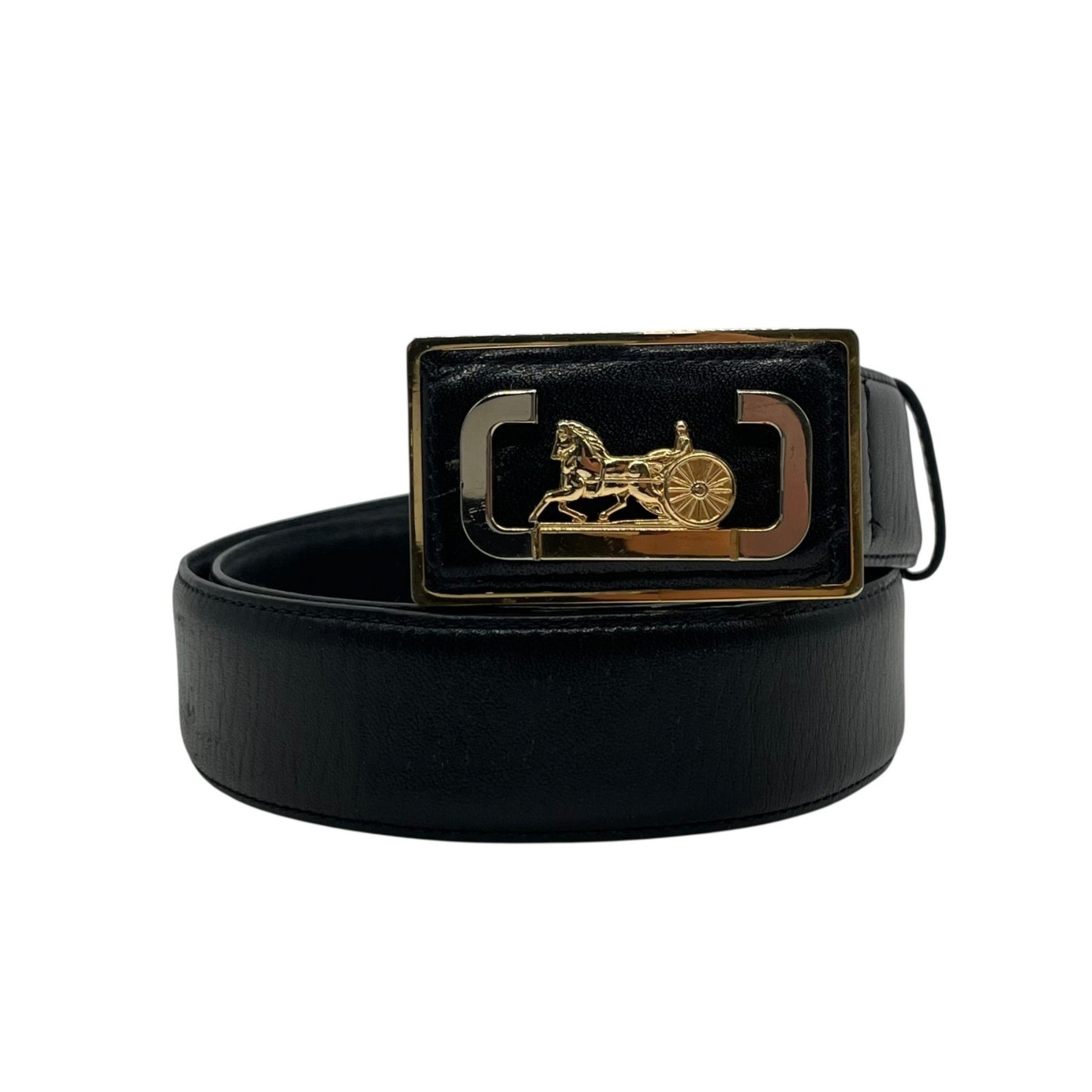 CELINE Belt with Horse-Drawn Metal and Gold Buckle, Leather, Men's