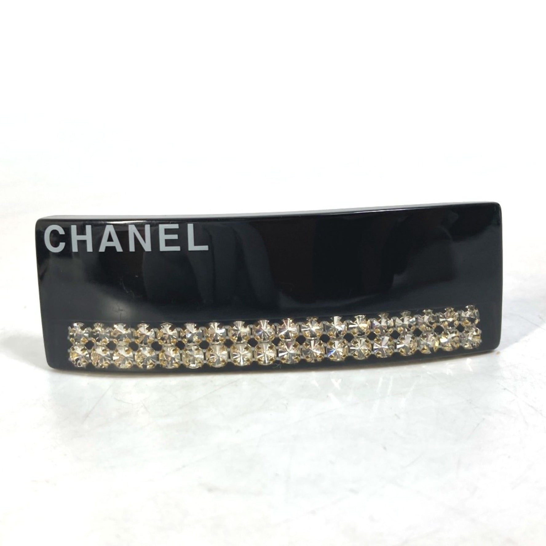 CHANEL Logo Rhinestone Hair Accessory Barrette Plastic Black