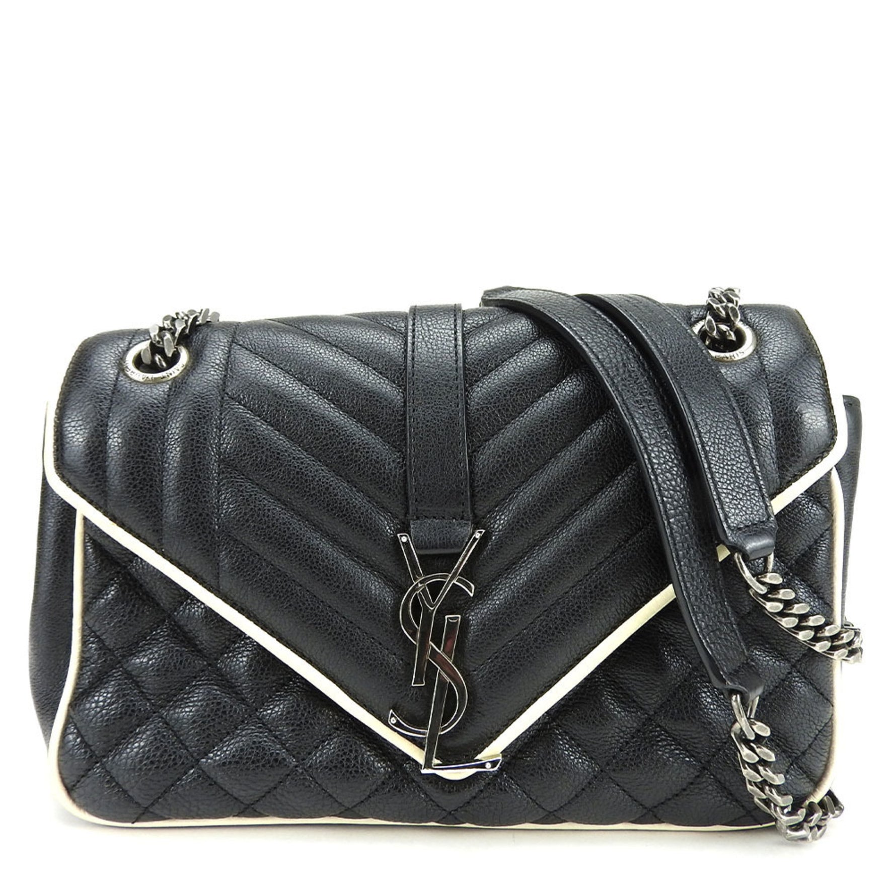 Saint Laurent Shoulder Bag Satchel Envelope Leather Black Ivory YSL