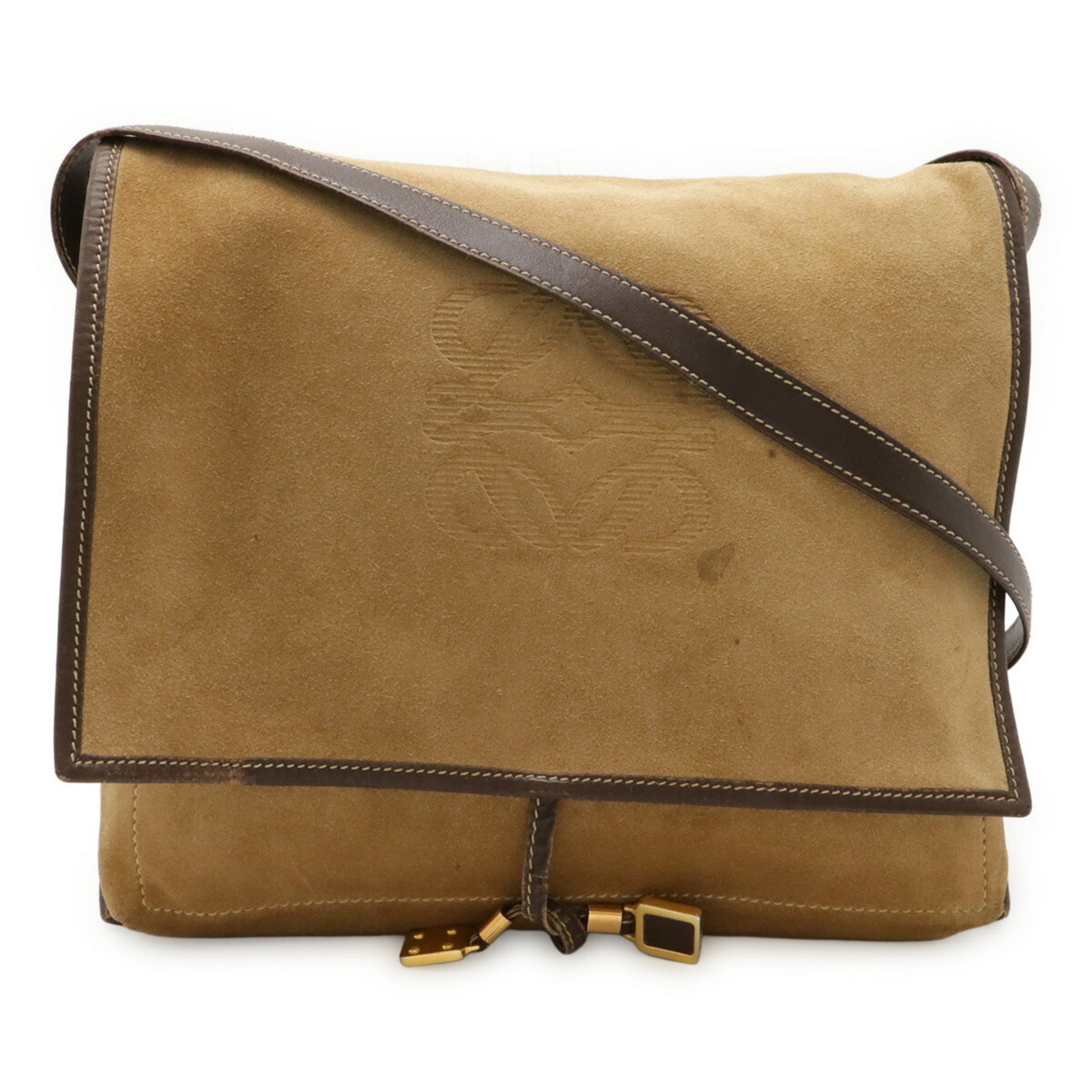 LOEWE Anagram Shoulder Bag in Suede and Leather, Khaki Beige Dark Brown