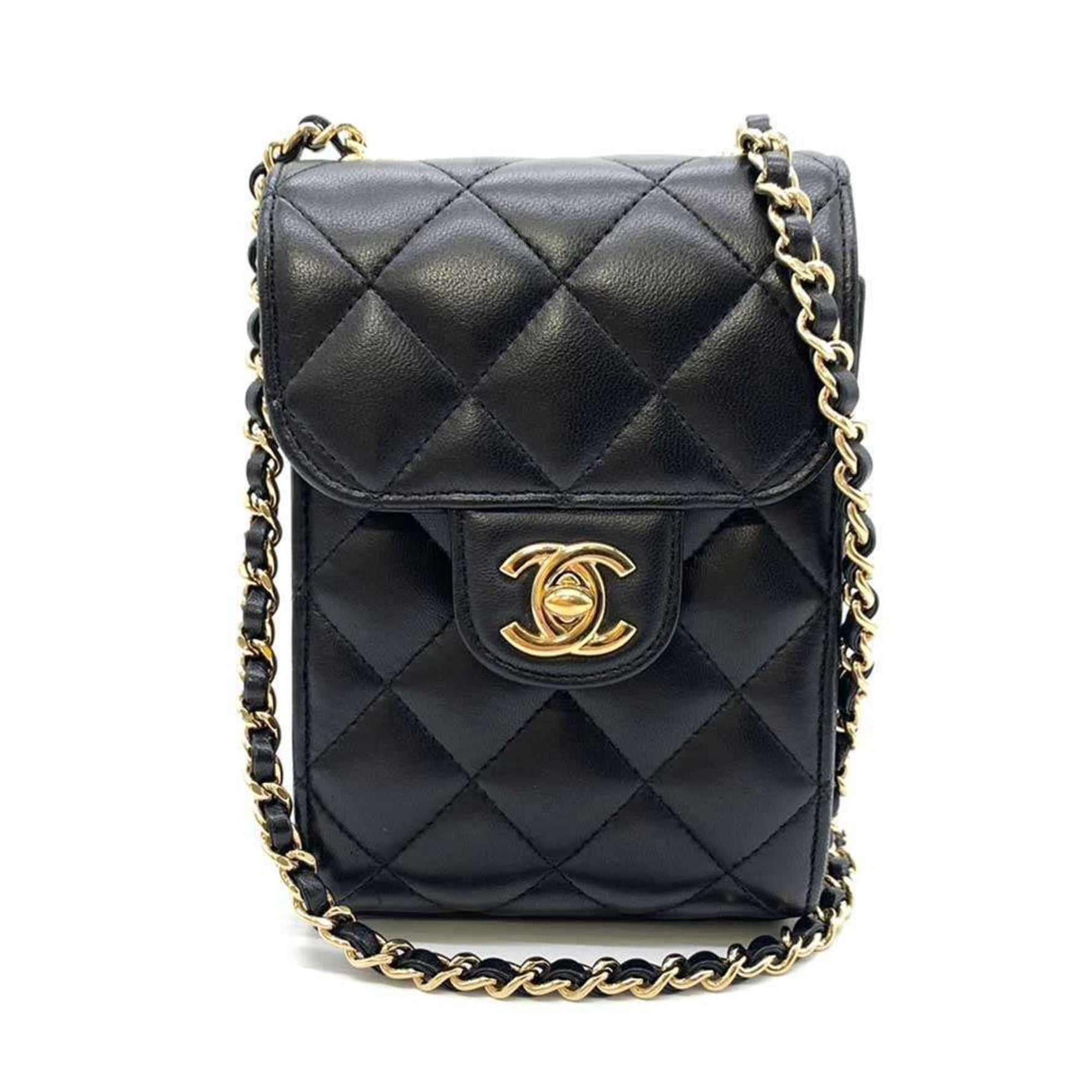 Chanel Bag Classic Matelasse Chain Shoulder Champagne Pochette Lambskin Leather