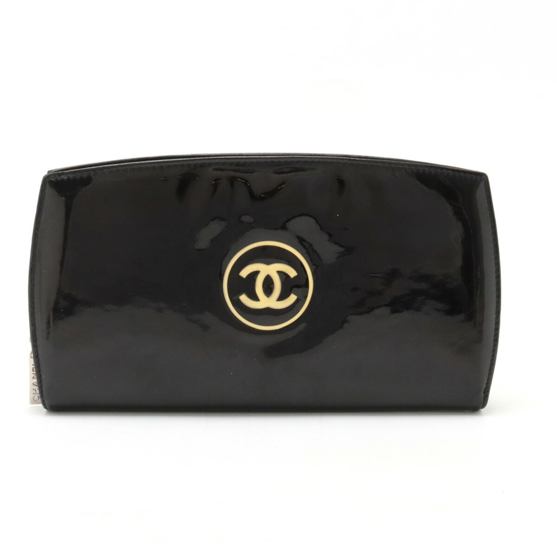 CHANEL Makeup Coco Mark Round Long Wallet Enamel Patent Leather Black 7662