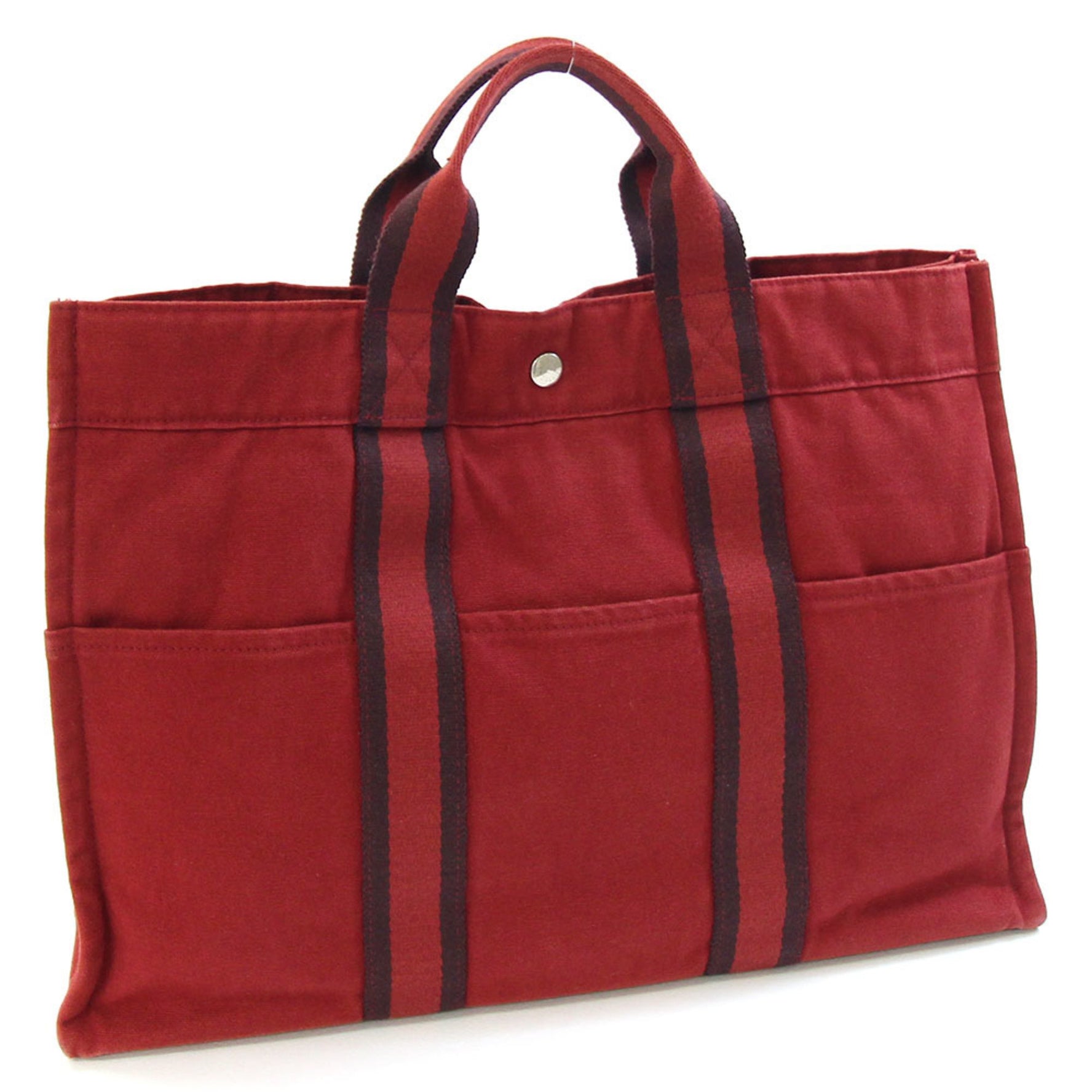 Hermès Foul Tote MM Handbag, Bordeaux Cotton Canvas Hand Tote, Red, HERMES