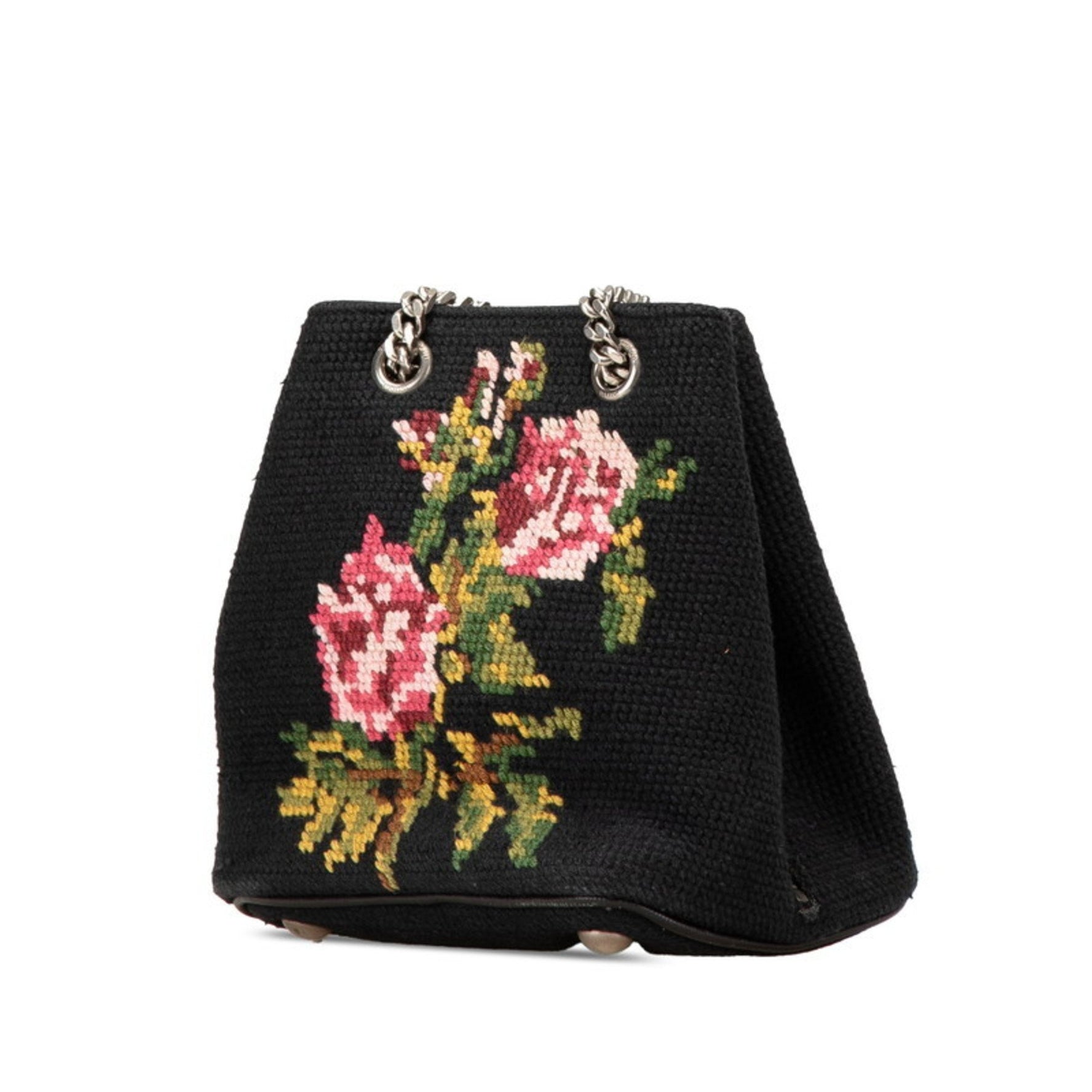 Saint Laurent Flower Motif Chain Shoulder Bag Black Multicolor Canvas