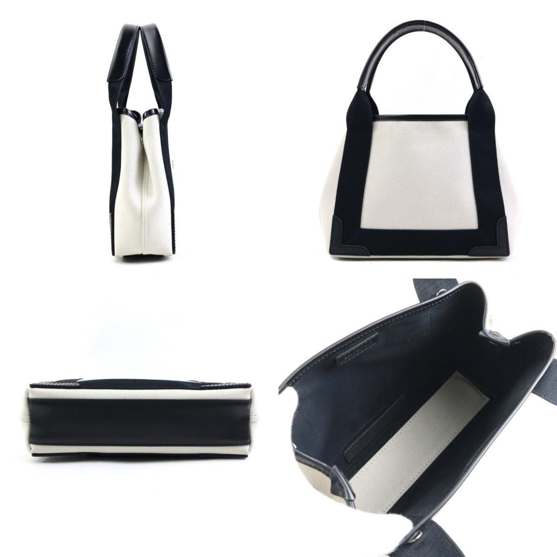 BALENCIAGA Handbag Navy Cabas XS Canvas Leather Black x Ivory