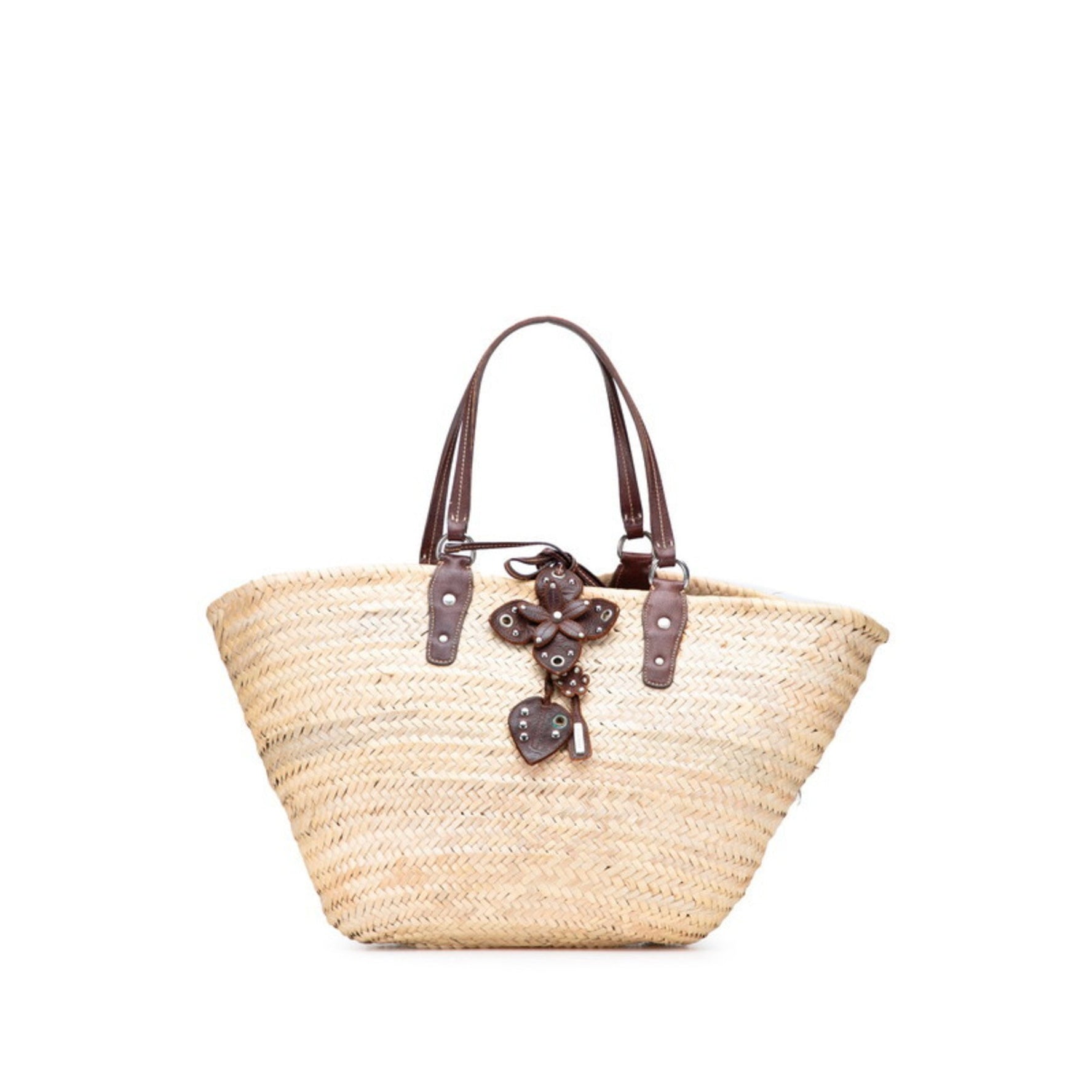 Miu Miu Miu flower motif basket bag handbag in beige, brown, raffia and leather .