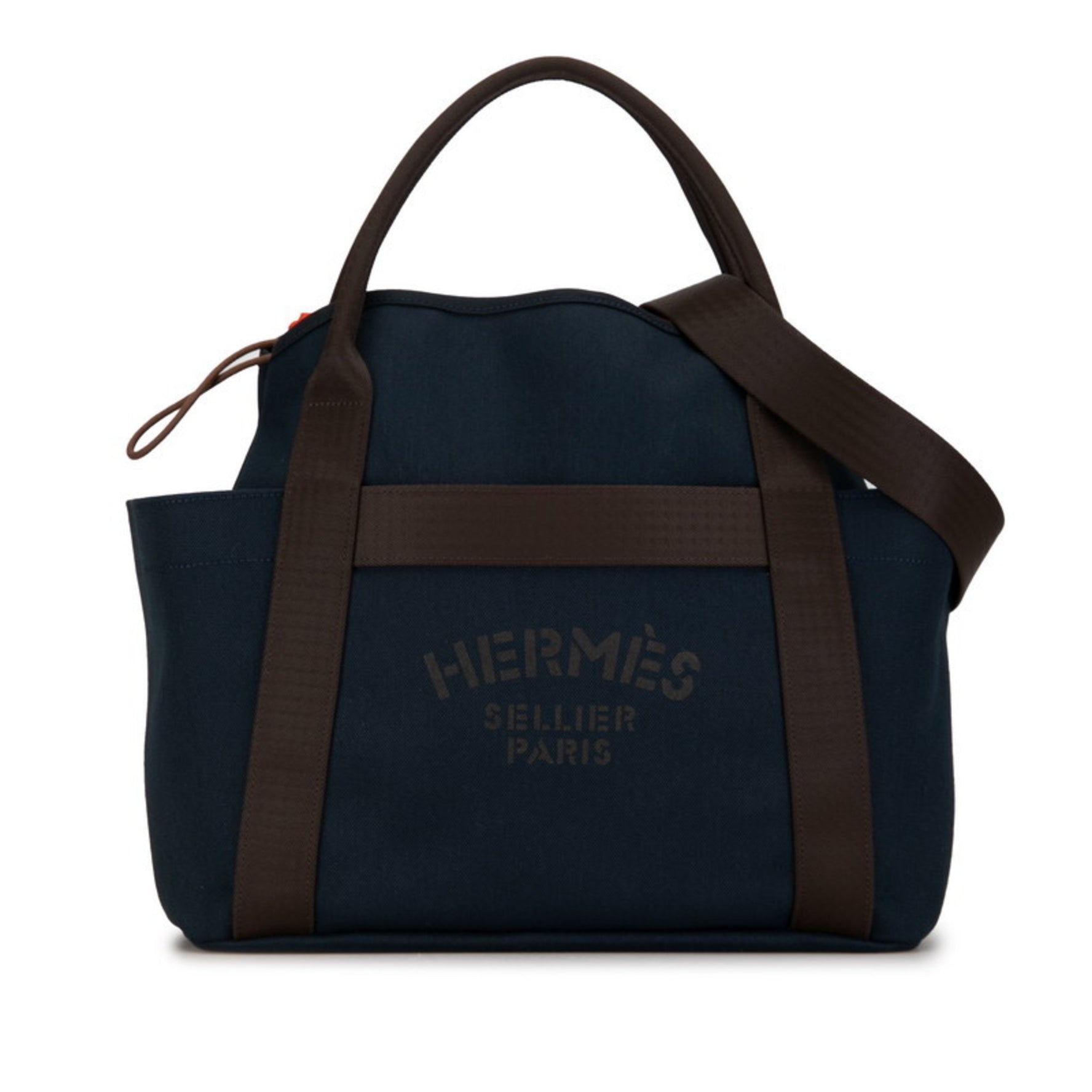 Hermes Sac de Pansage Groom Tote Bag Handbag Shoulder Navy Brown Canvas Leather