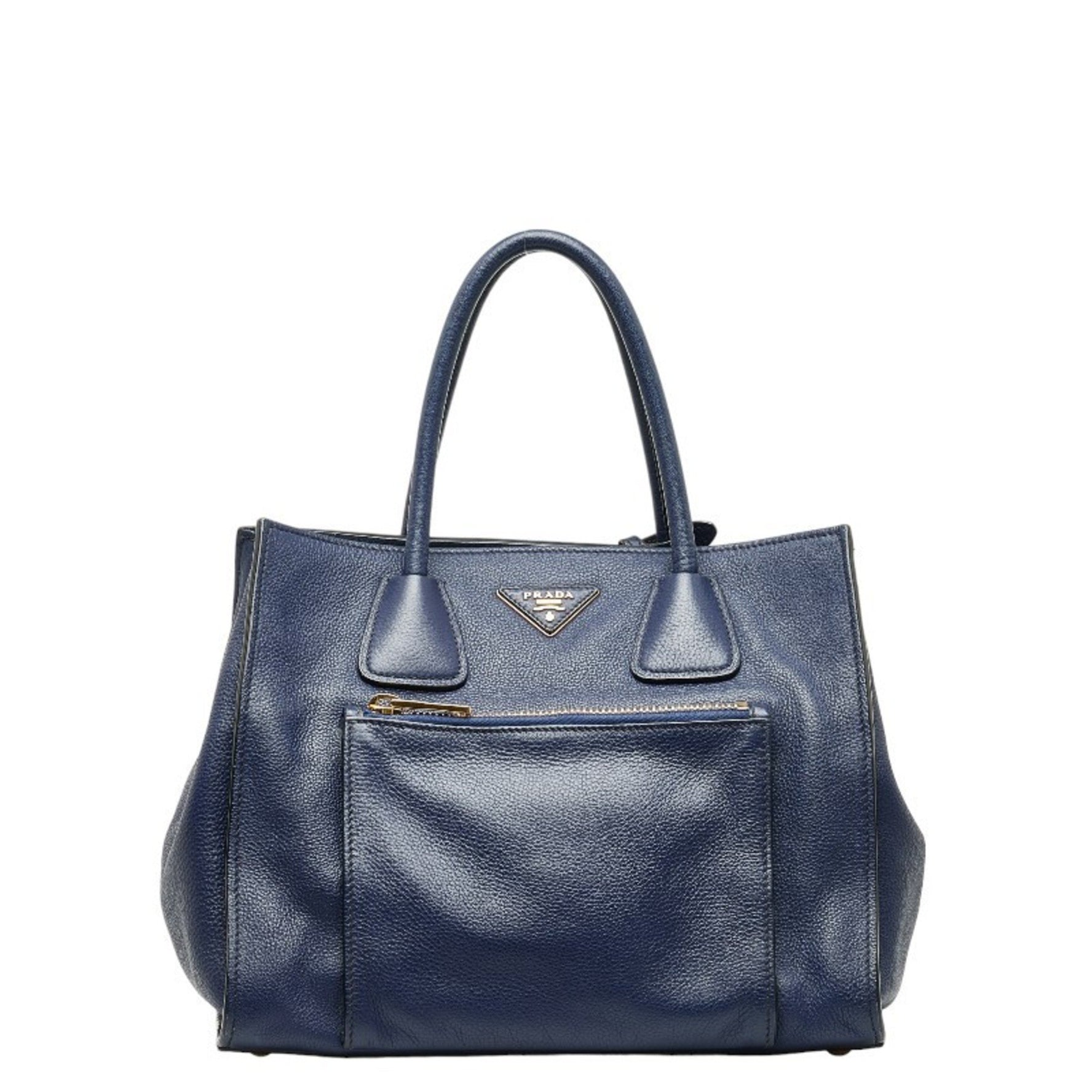 Prada Triangle Logo Plate Handbag Bluette Calf Leather