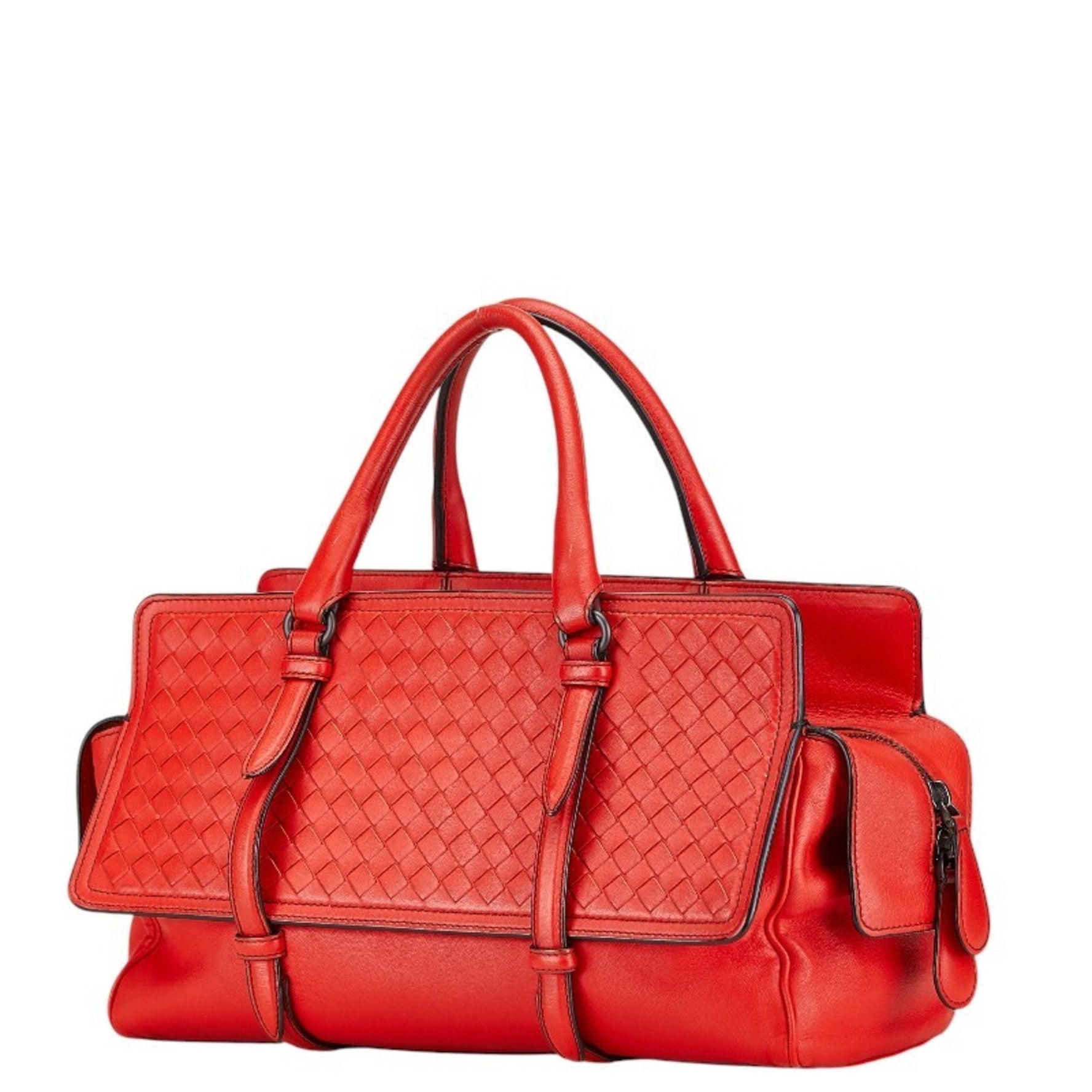 Bottega Veneta Intrecciato Handbag Red Leather BOTTEGAVENETA