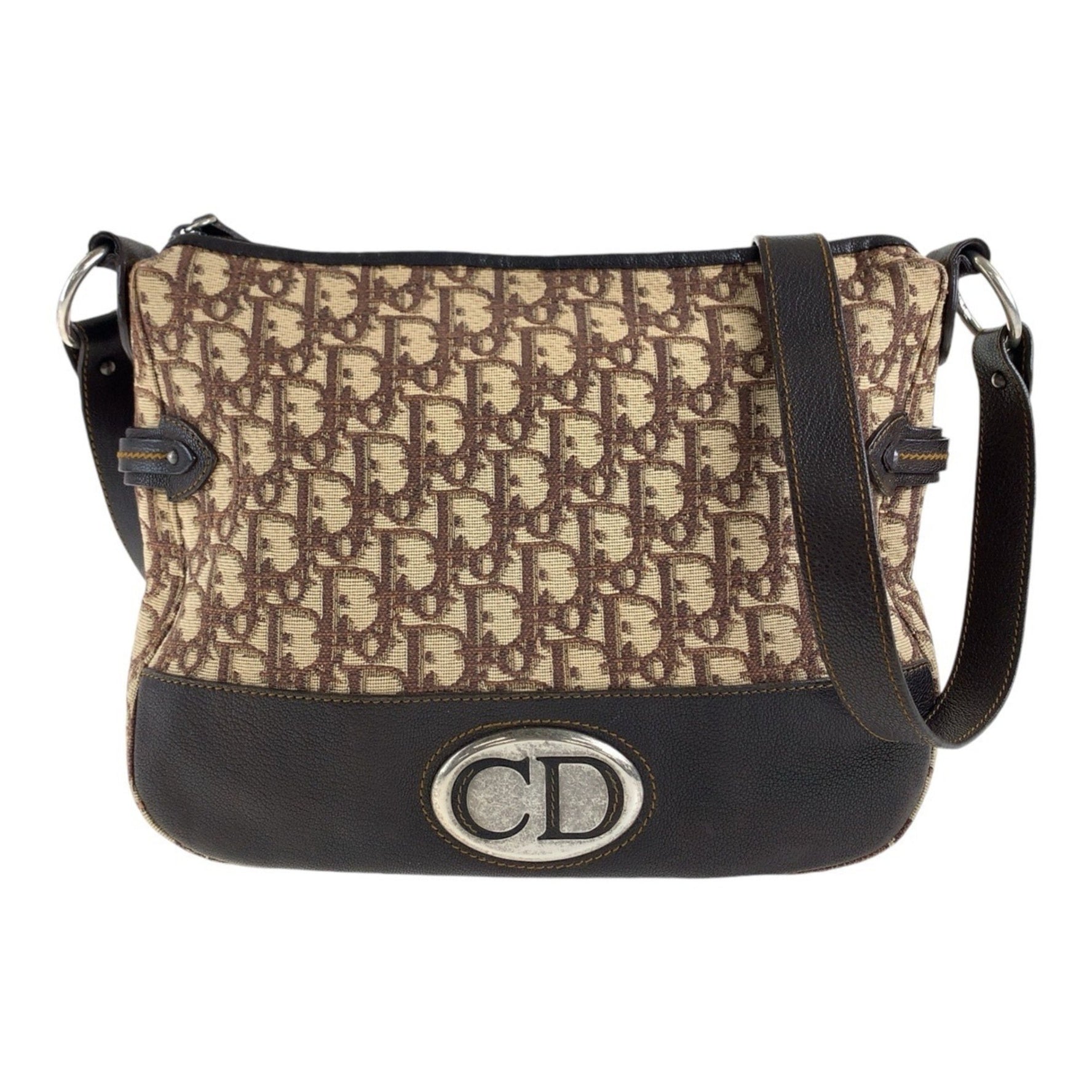 Christian Dior Vintage Trotter Beige Brown Silver Hardware Canvas Leather Shoulder Bag Messenger